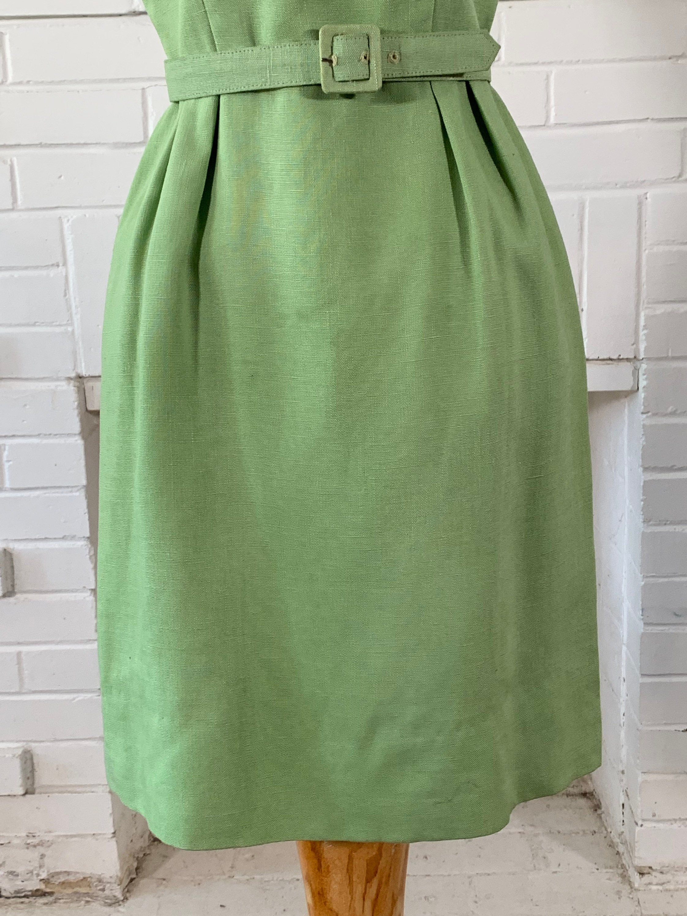 Vintage Green A-Line Dress with Belt | Size S | Summer Cocktail Dress