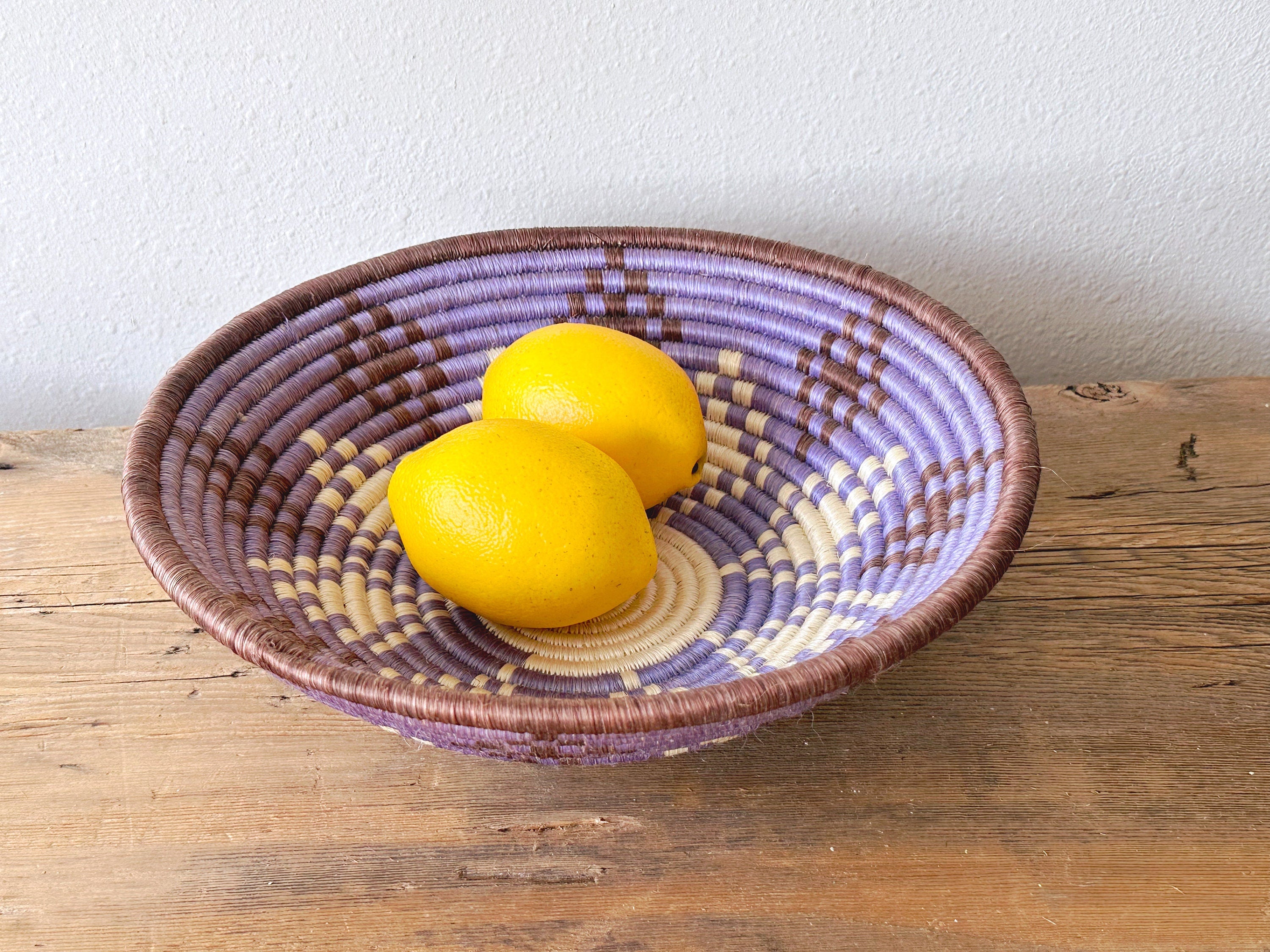 Set of 4 Vintage Hand Woven Round Hanging Baskets by All Across Africa | African Style Home Decor Fruit Basket Catchall Bowl in Purple