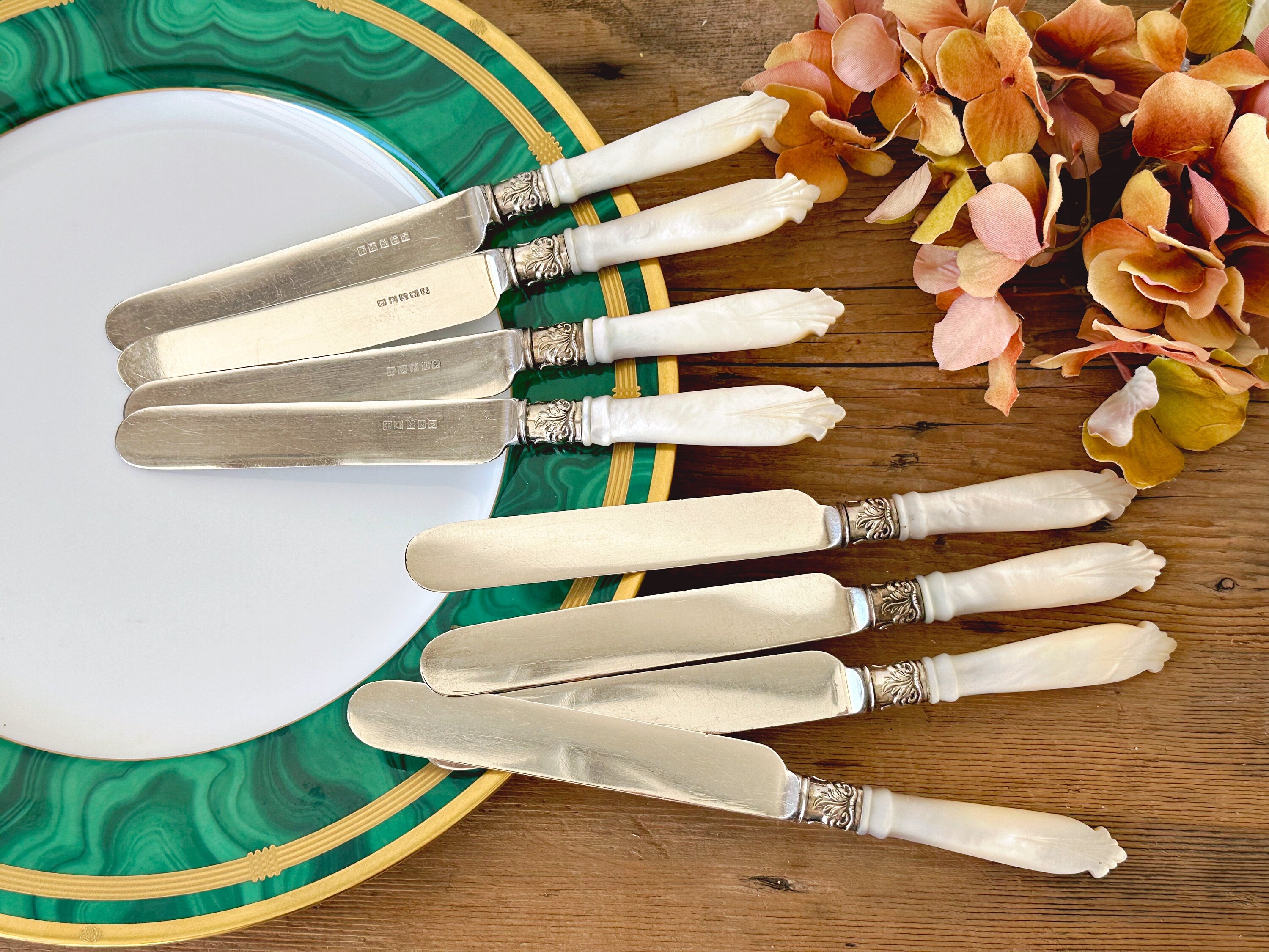 Set of 8 Vintage Harrison Bros & Howson Dinner Knives with Mother of Pearl Handle | Antique Silver-Plated Silverware | Holiday Dining
