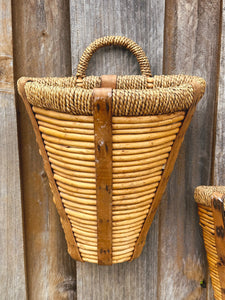 Pair of Vintage Rattan Door Baskets | Hanging Reed Wall Basket with Handles | Farmhouse Decor Rustic Wedding Flower Holder