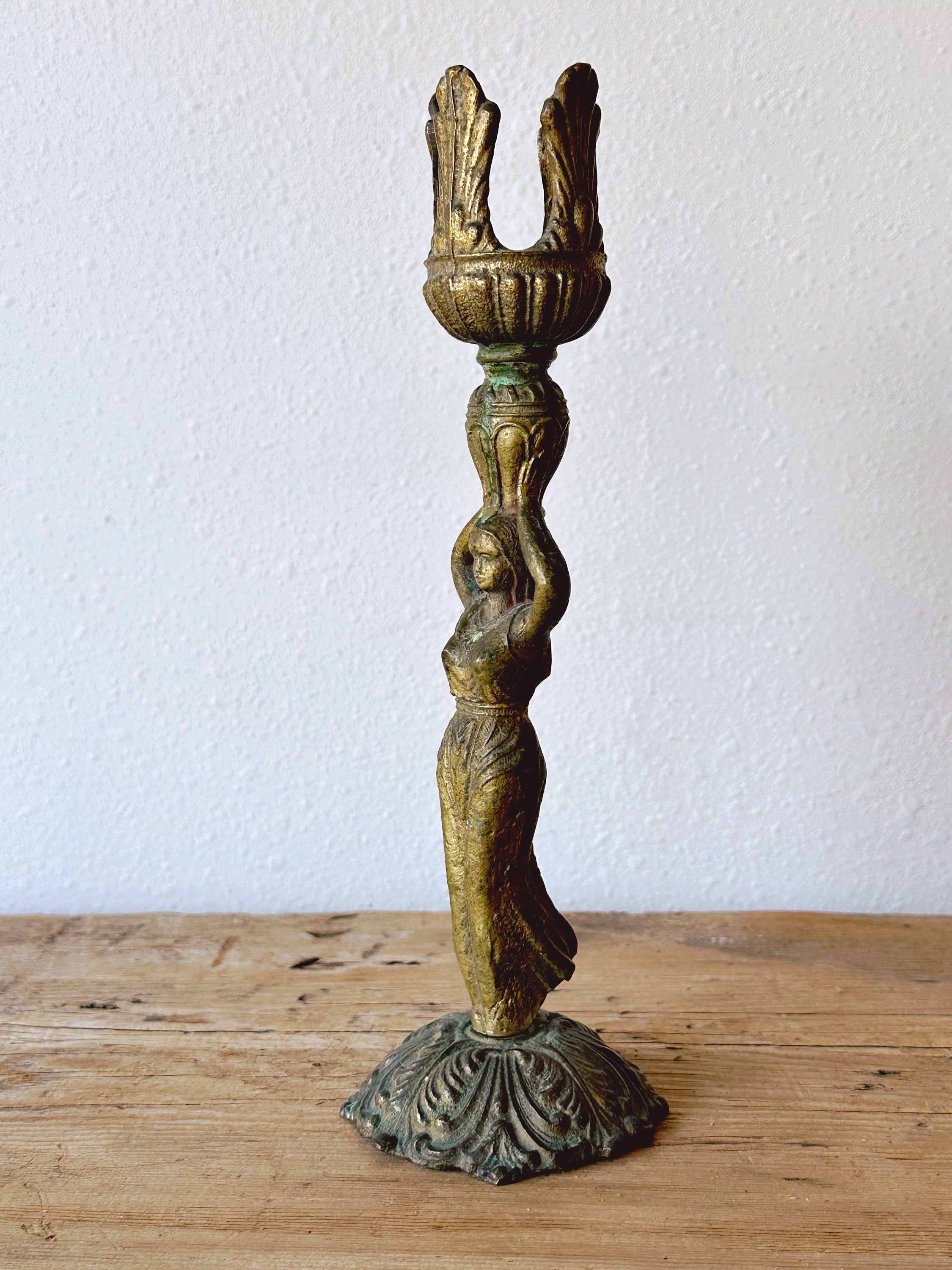 Vintage Egyptian Revival Style Brass Figural Woman Candlestick Holder | Antique Elegant Lady Goddess Tea Light Holder | Mantle Decor