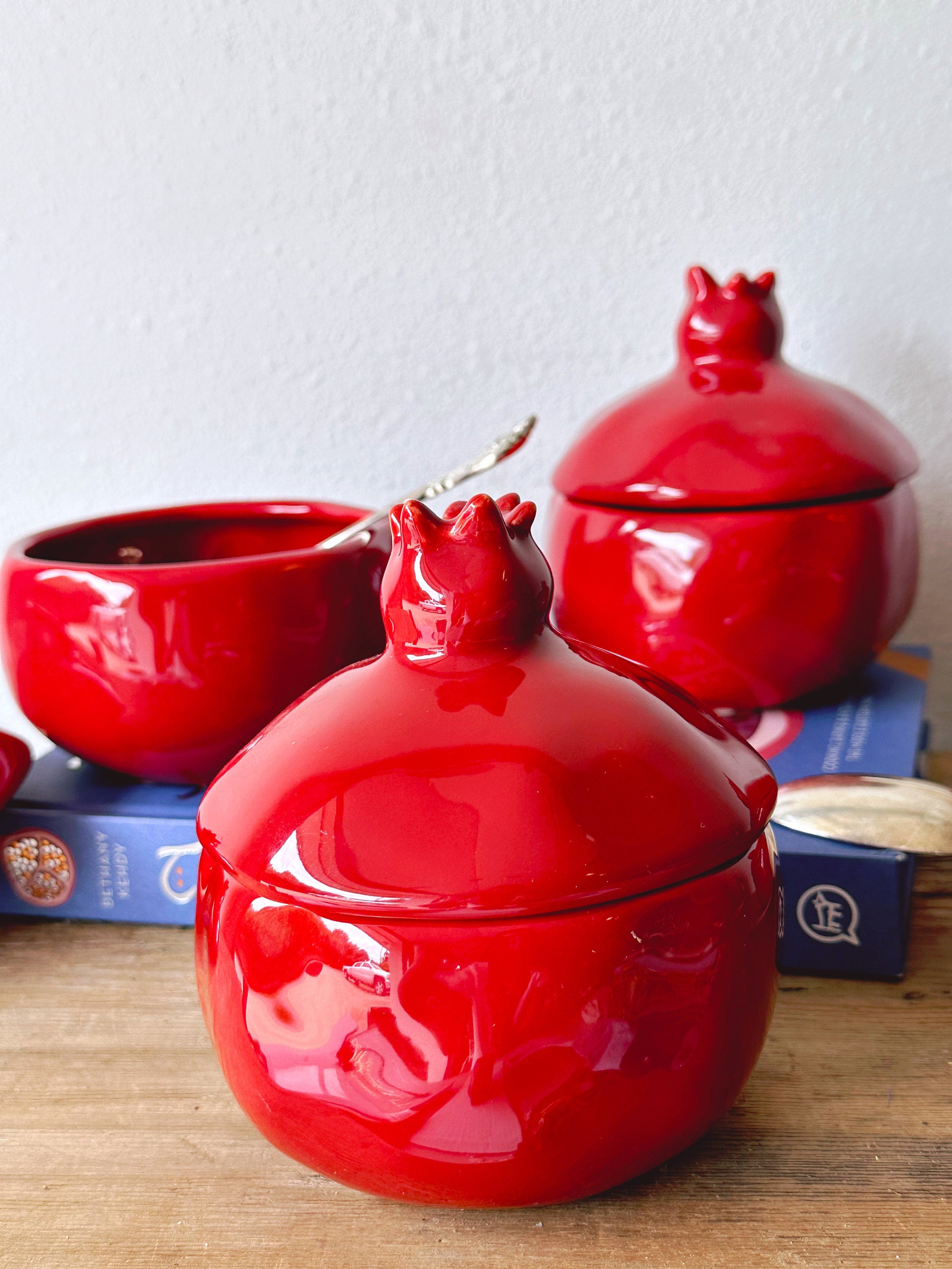 Vintage Pomegranate Soup Tureens with Lid by Barbara Eigan for Williams Sonoma in Set of 2, 4 or 6 | Red Round Ceramic Soup Bowls Tableware