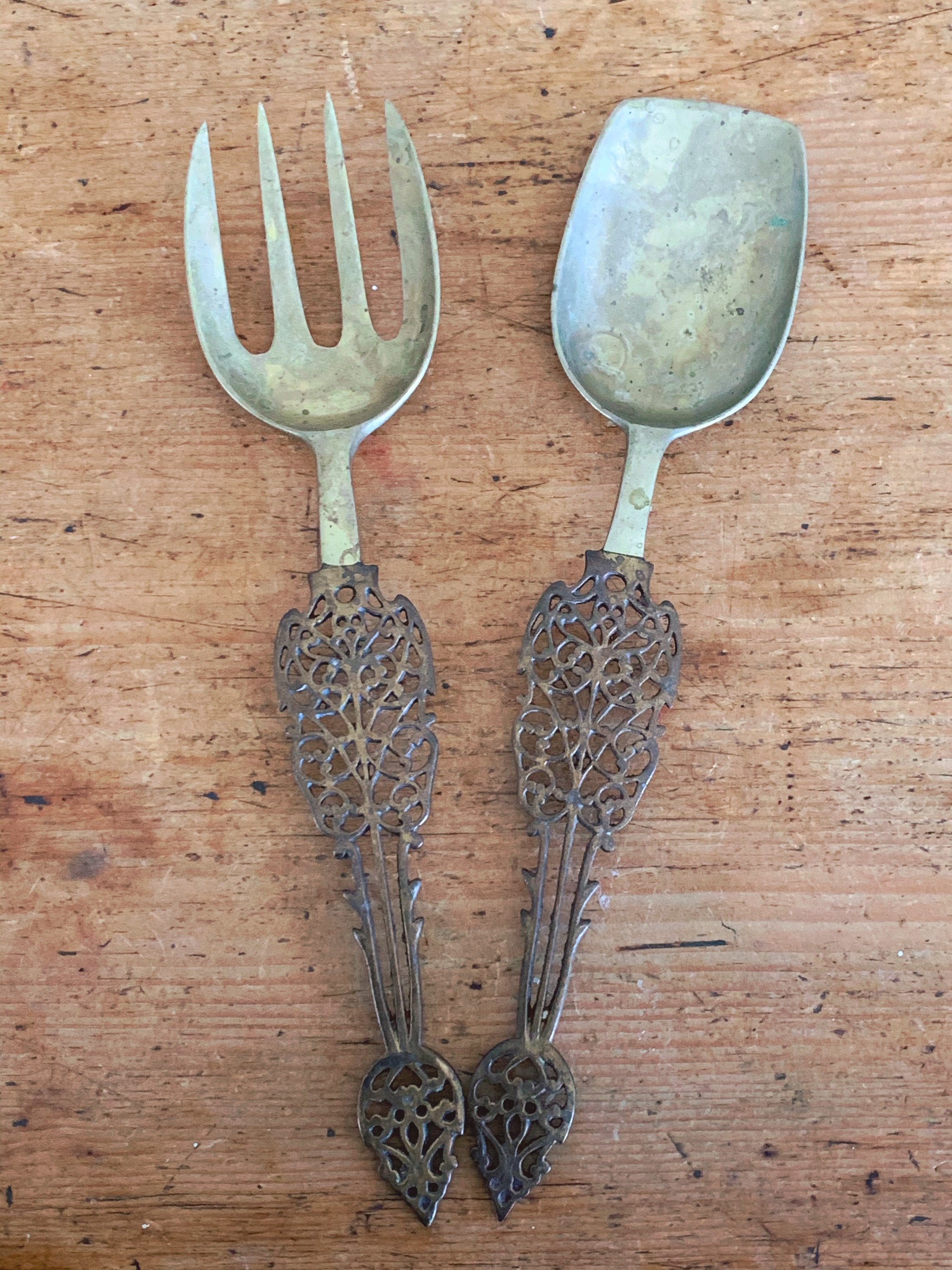 Vintage Brass Serving Set with Ornate Filigree Handles | Gold Tone Salad Spoon and Fork Set Dinnerware