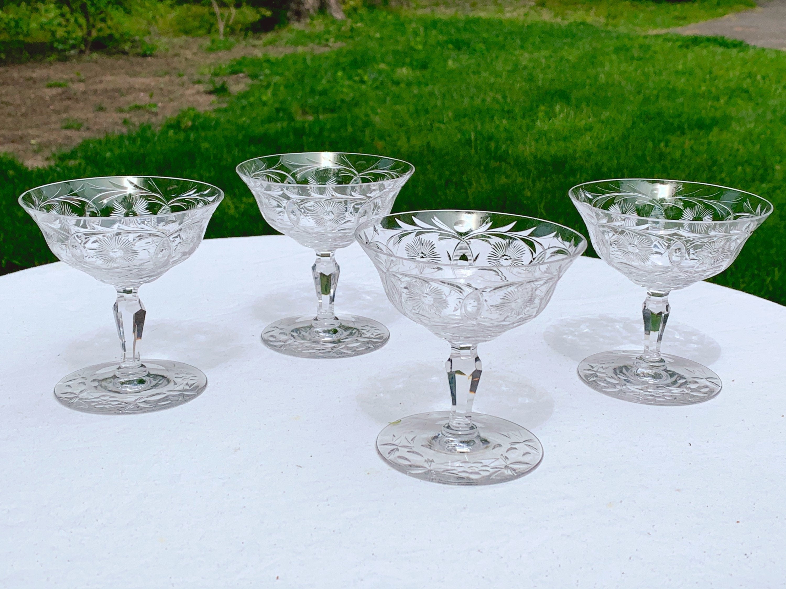 Vintage Etched Clear Crystal Champagne Coupe Glasses