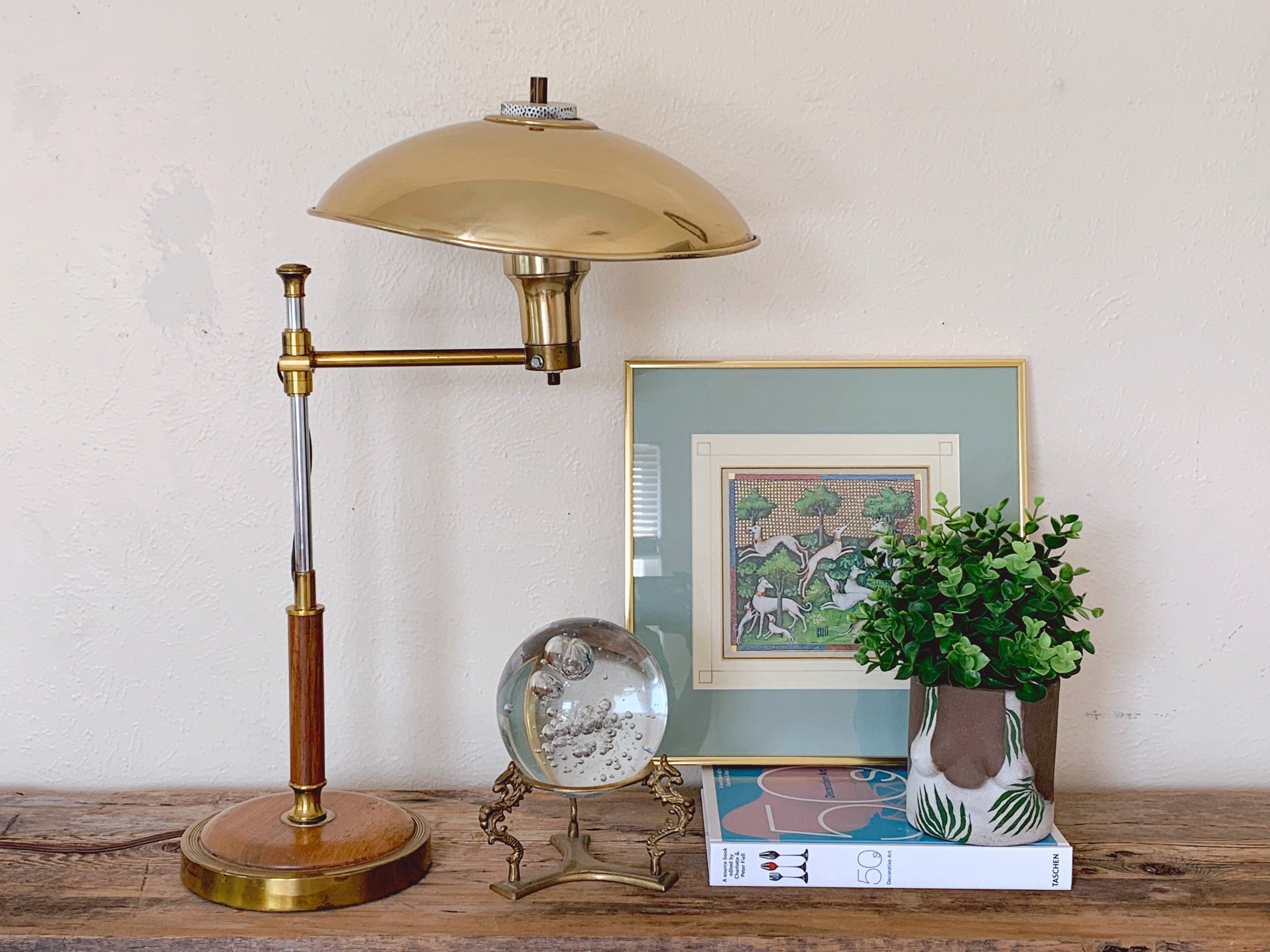 Italian Mid-Century Modern Brass Table Lamp with Swivel Arm | Vintage 1950s Adjustable Articulating Desk Lamp Office Decor with Wood Base