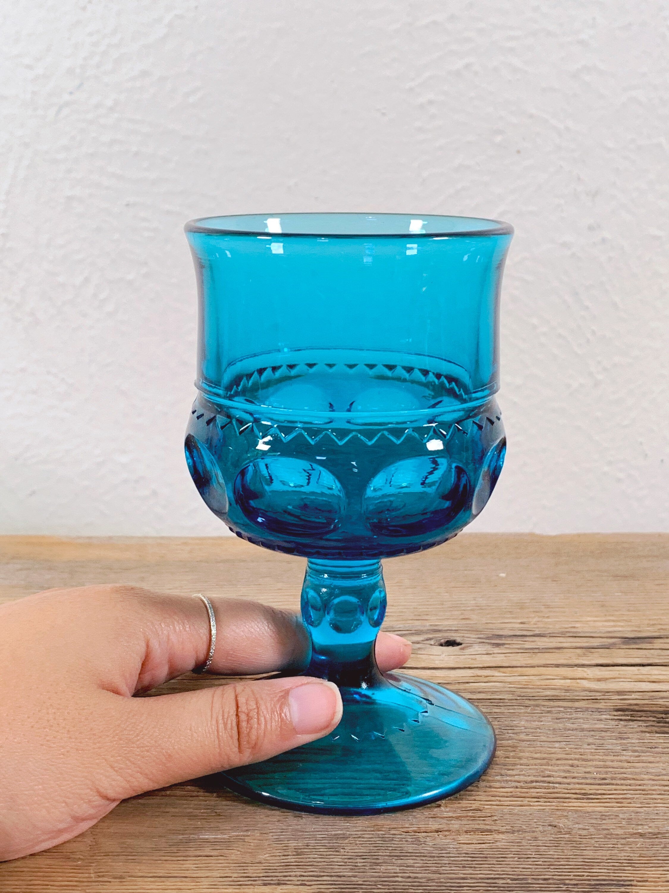 Vintage Indiana Glass Kings Crown Blue Thumbprint Glass Goblets in Set of 2 or 4 | Mid Century Wine, Juice and Water Glasses | Gift for Her