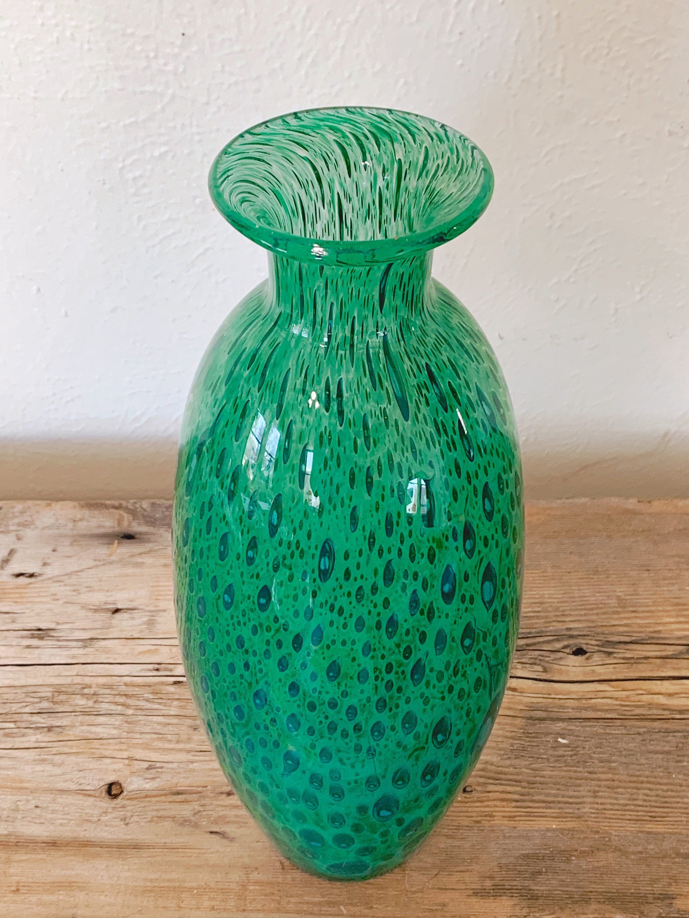 Vintage Hand Blown Studio Art Glass Vase in Green Peacock Colors | Flower Vase Contemporary Home Decor | Mother's Day Gift Housewarming Gift
