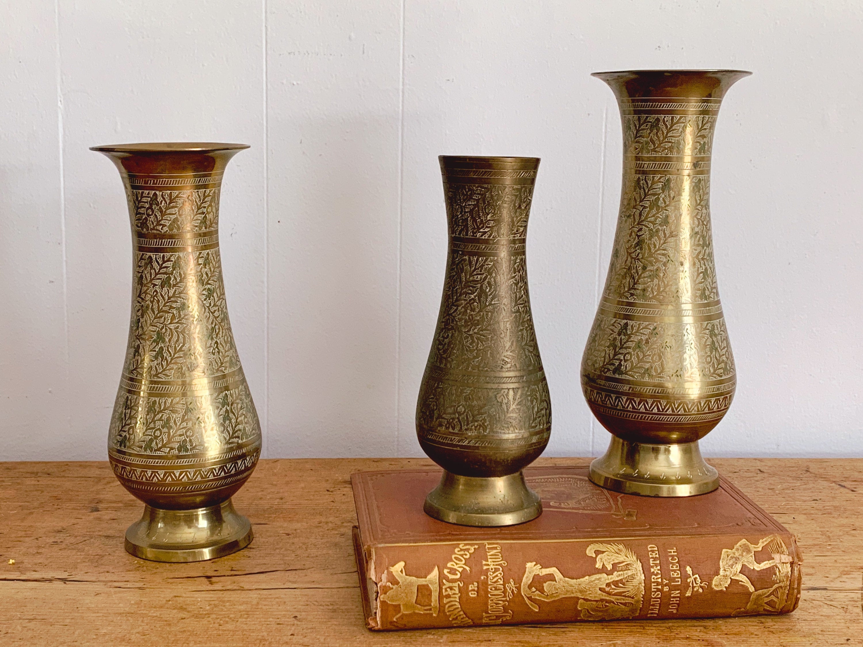 Pair Of Large Etched Vintage Brass Vases, Vintage Indian Brass