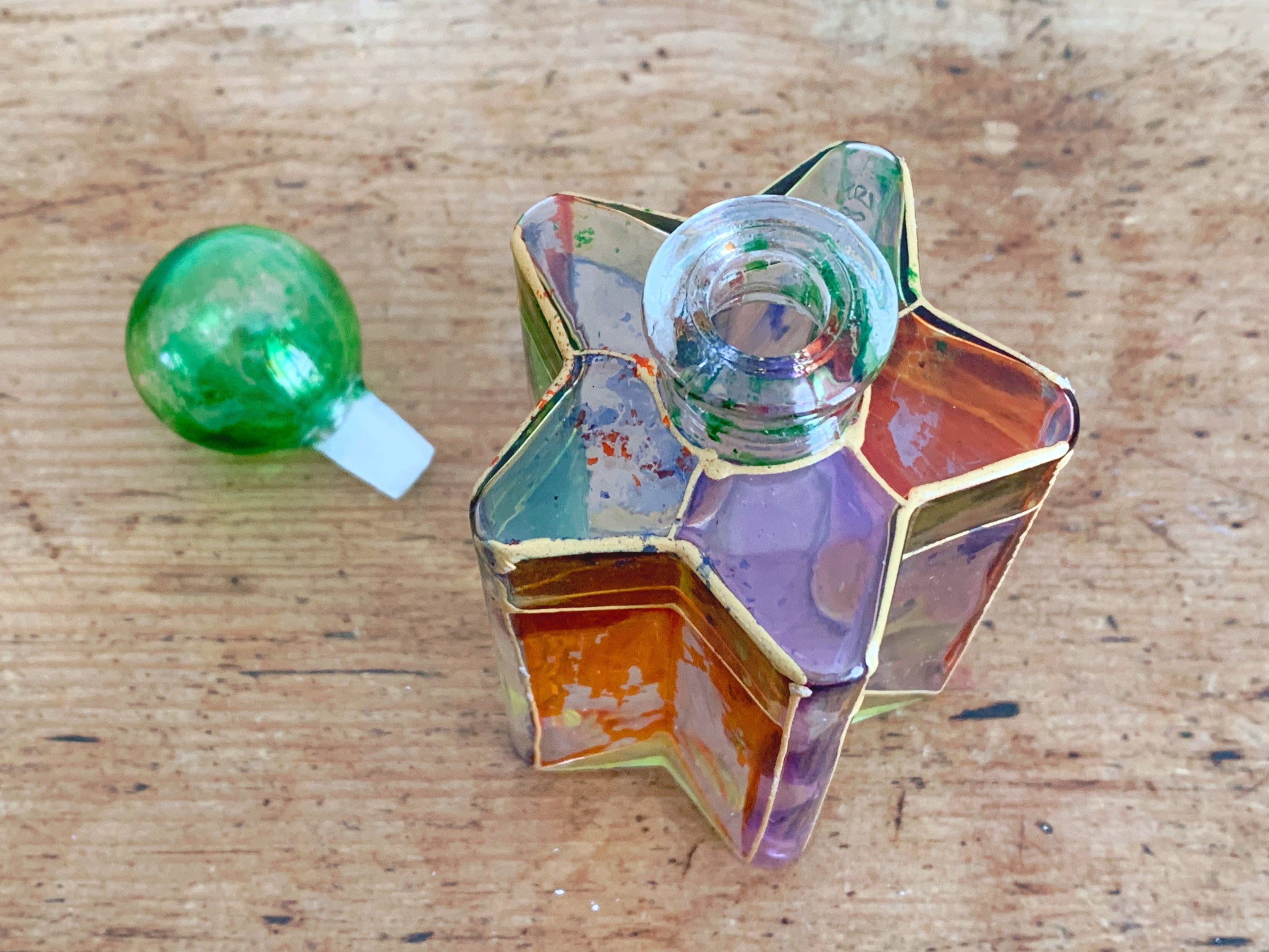 Vintage Hand Made Multi-Colored Art Glass Perfume Bottle in Star Shape with Round Stopper | Vanity Decor Gift for Her Valentine's Gift