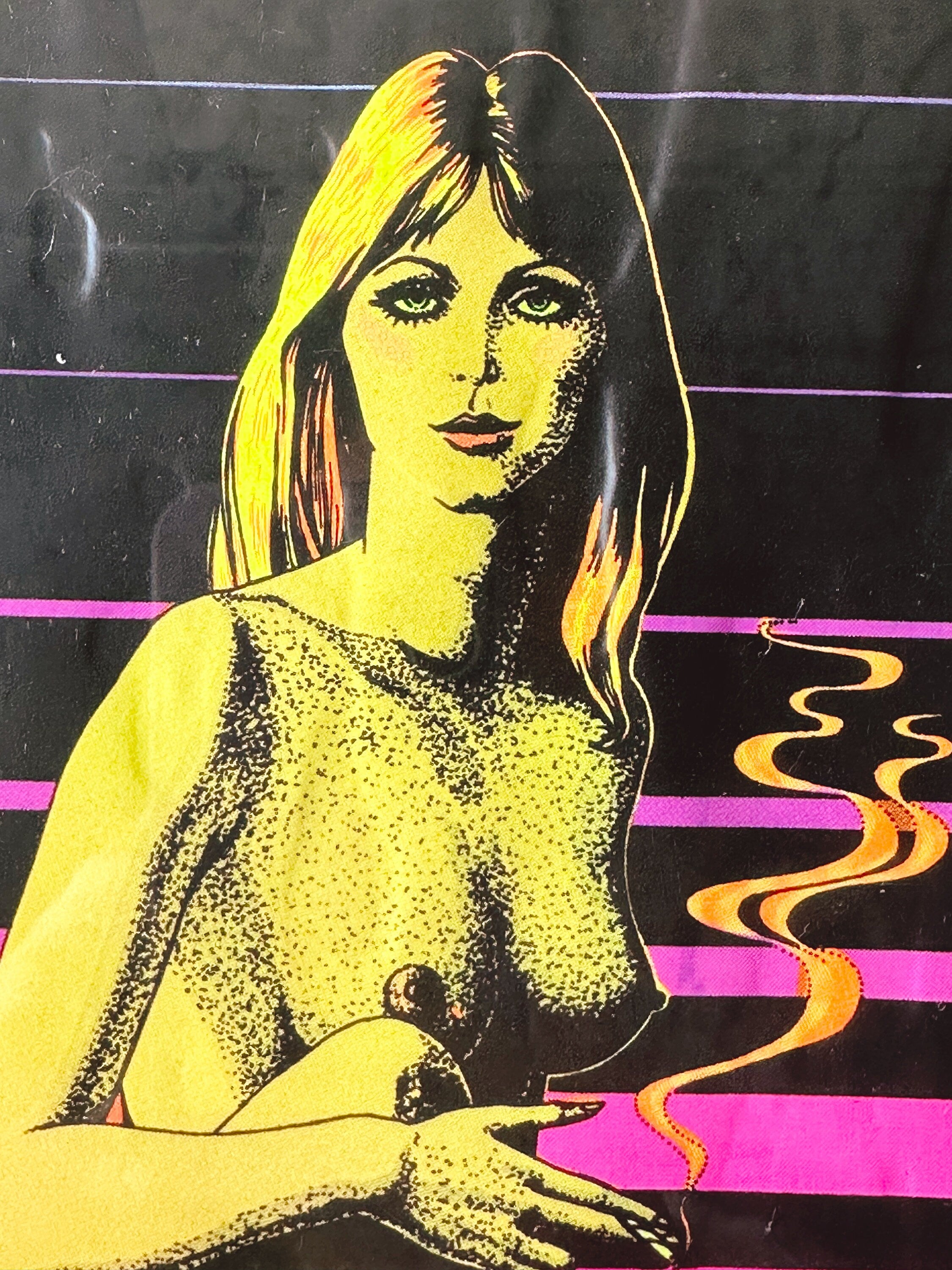 Vintage Marijuana Blacklight Poster of Smoking Nude Woman | Black Frame | Tobacciana Psychedelic Collectible Art | Gallery Wall Art