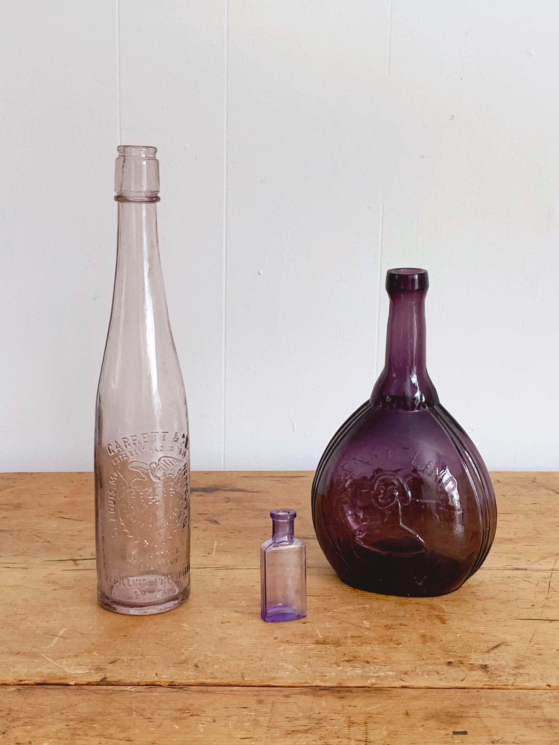Assorted Vintage Purple Glass Bottle | Farmhouse Decor Flower Vase | Antique Water, Soda, Medicine, Ink Bottle Collection