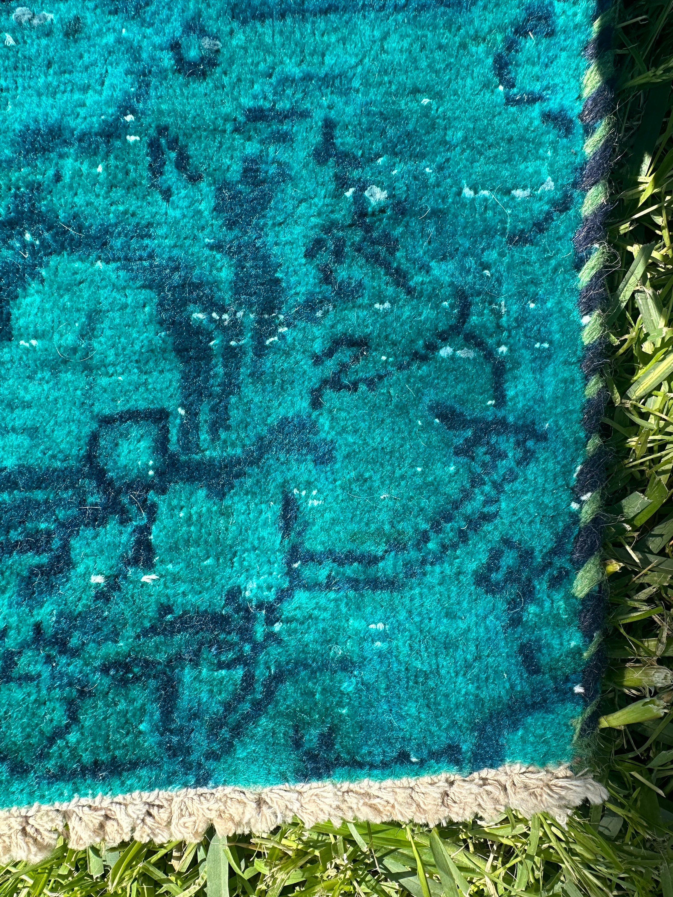 Vintage Overdyed Persian Wool Rug in Teal 6x5 ft | Hand Woven Green Blue Vegetable Dye Geometric Pattern Area Rug | Boho Chic Living Room