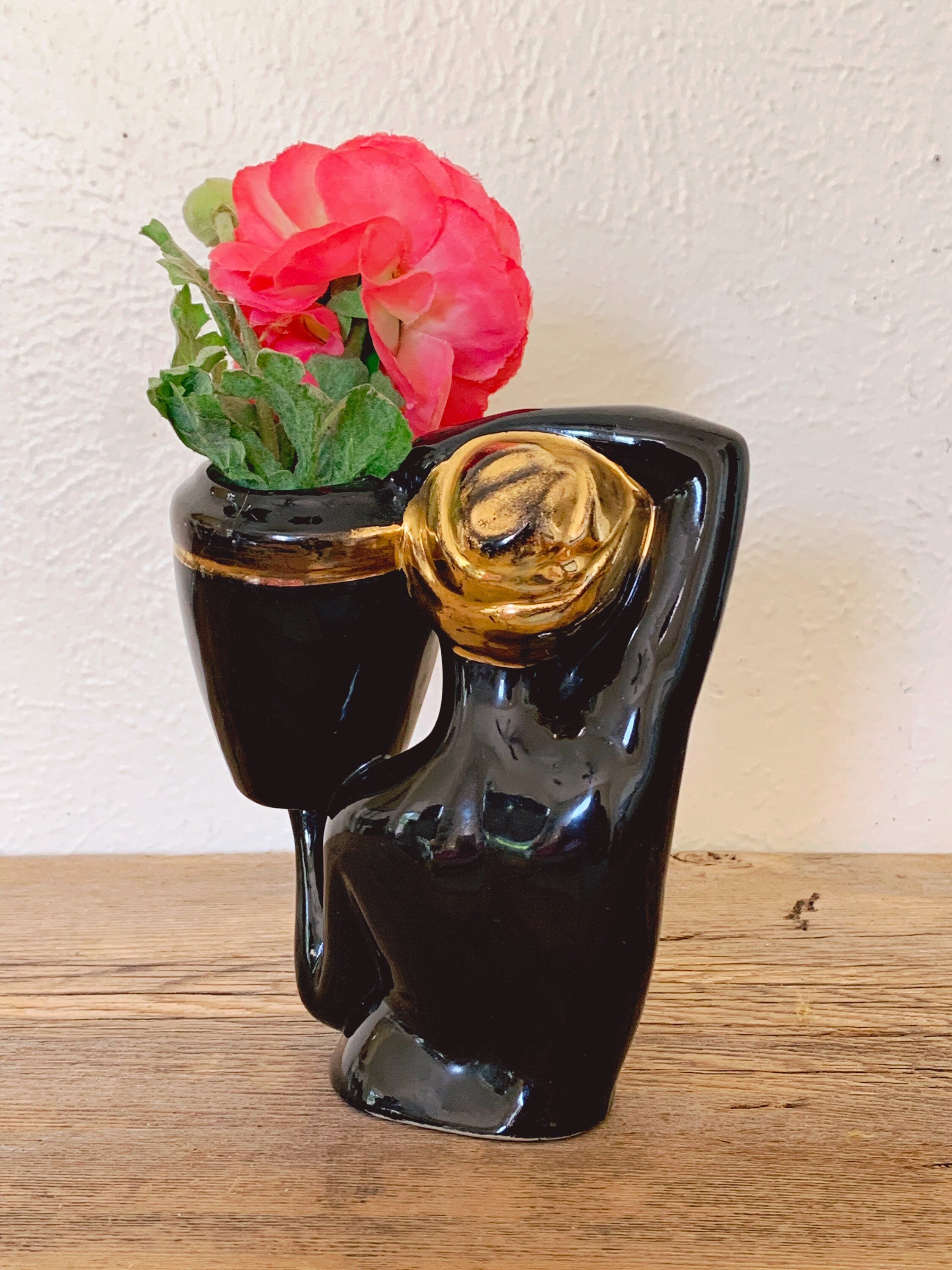 Vintage Mid-Century Black Ceramic African Girl with Water Jug Vase | Black and Gold Woman Torso Sculpture | Home Decor | Gift for Her