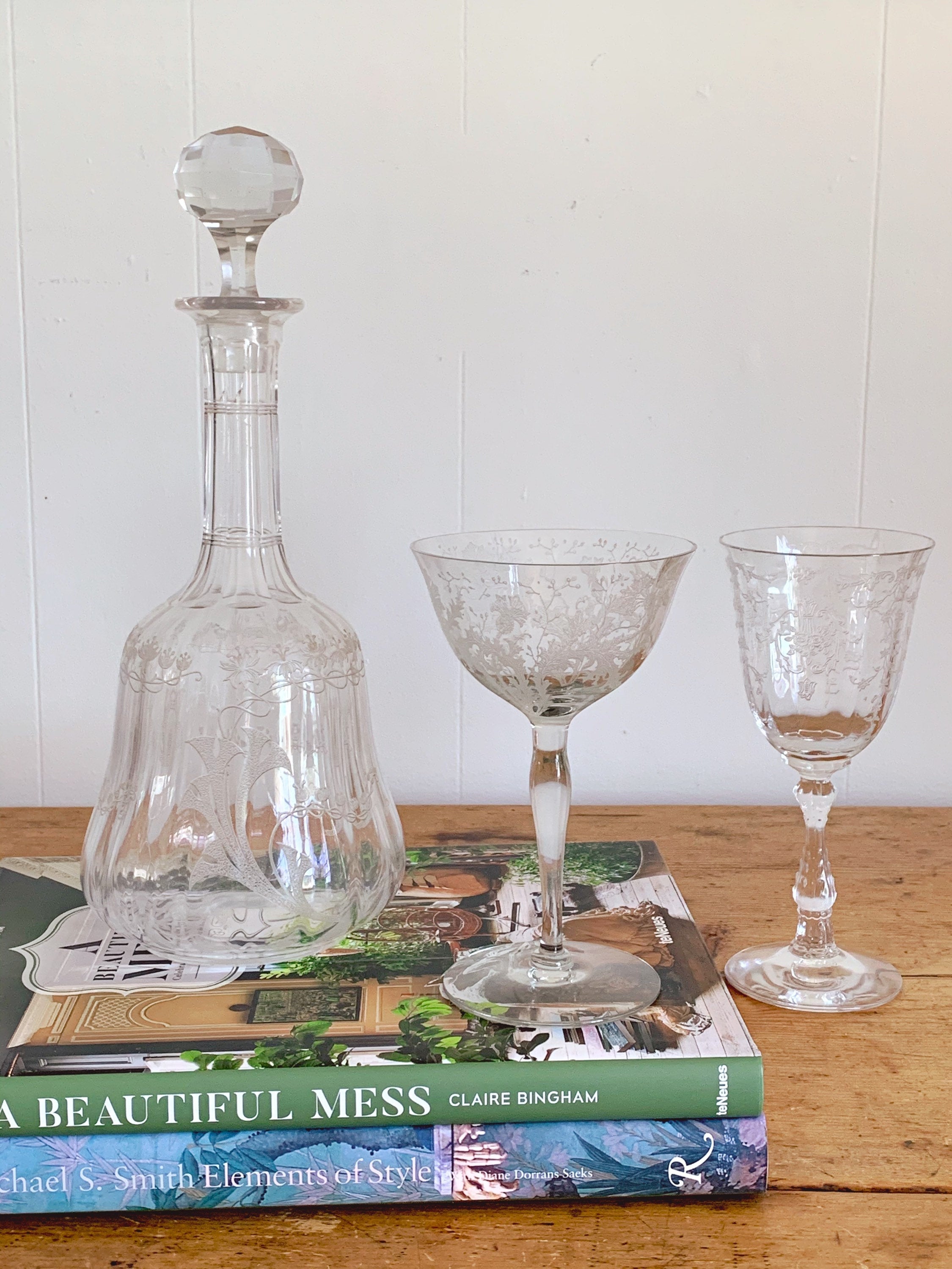 Vintage Etched Crystal Glass Decanter with Etched Crystal Coupe and Wine Glasses | Mallet Shaped Wine Decanter Barware Bar Cart Decor