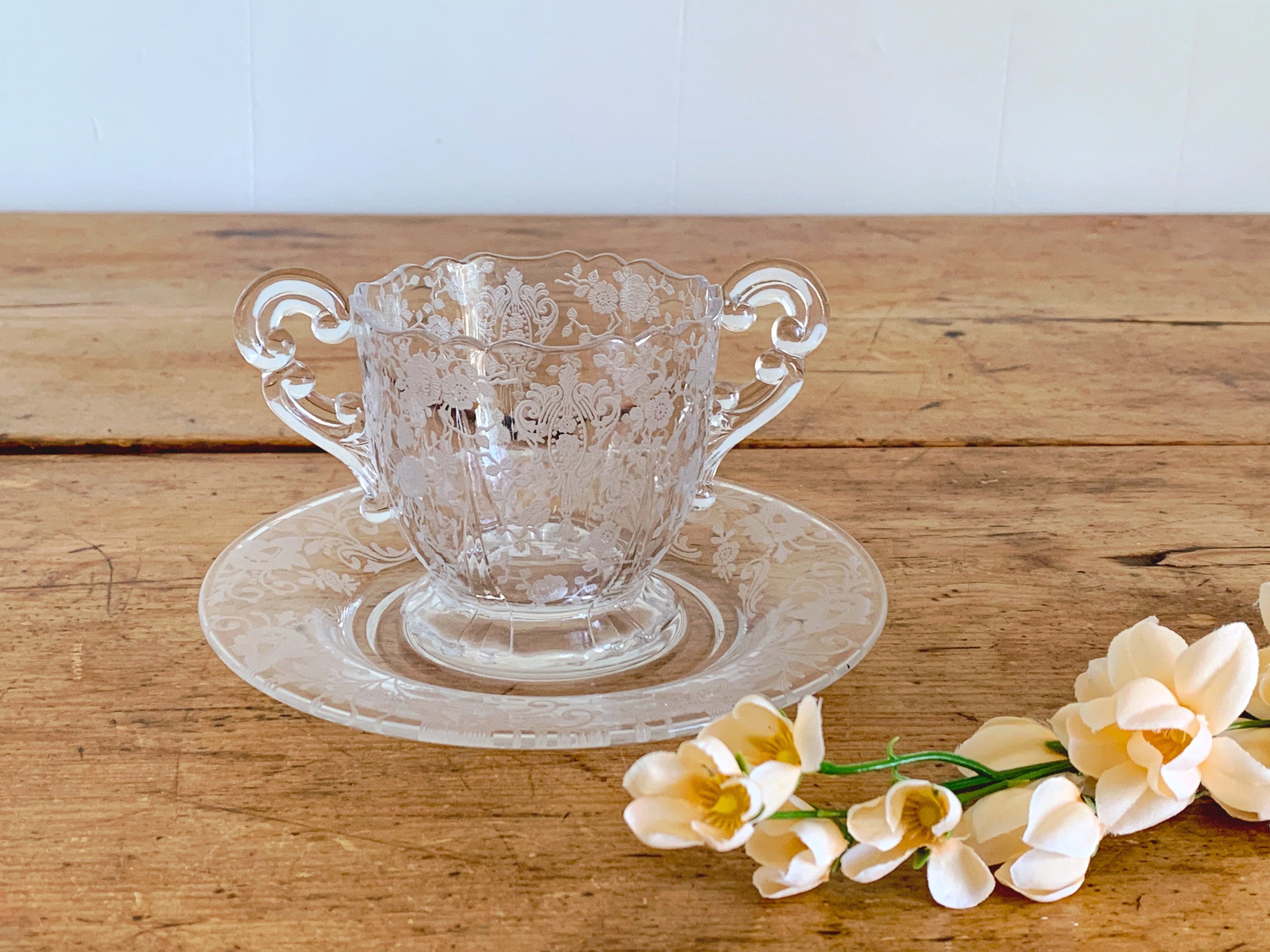 Vintage 1940s Cambridge Glass Sugar Bowl Rose Point Etch Pattern and Saucer | Depression Glass Mix Match Tableware Afternoon Tea