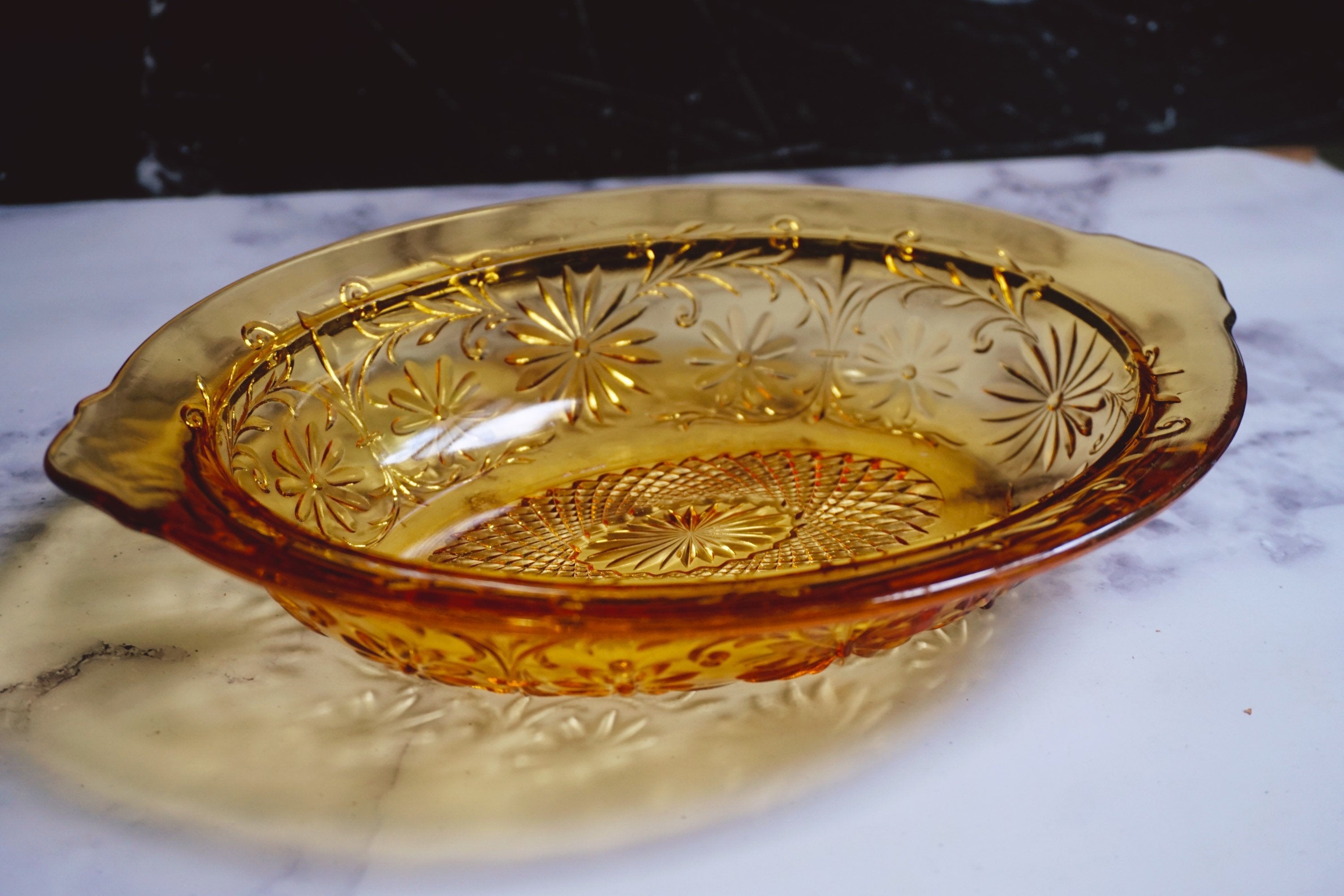 Vintage Amber Depression Glass Set In Daisy Pattern Cup Plate Bowl vintage-amber-depression-glass-set-in-daisy-pattern-cup-plate-bowl