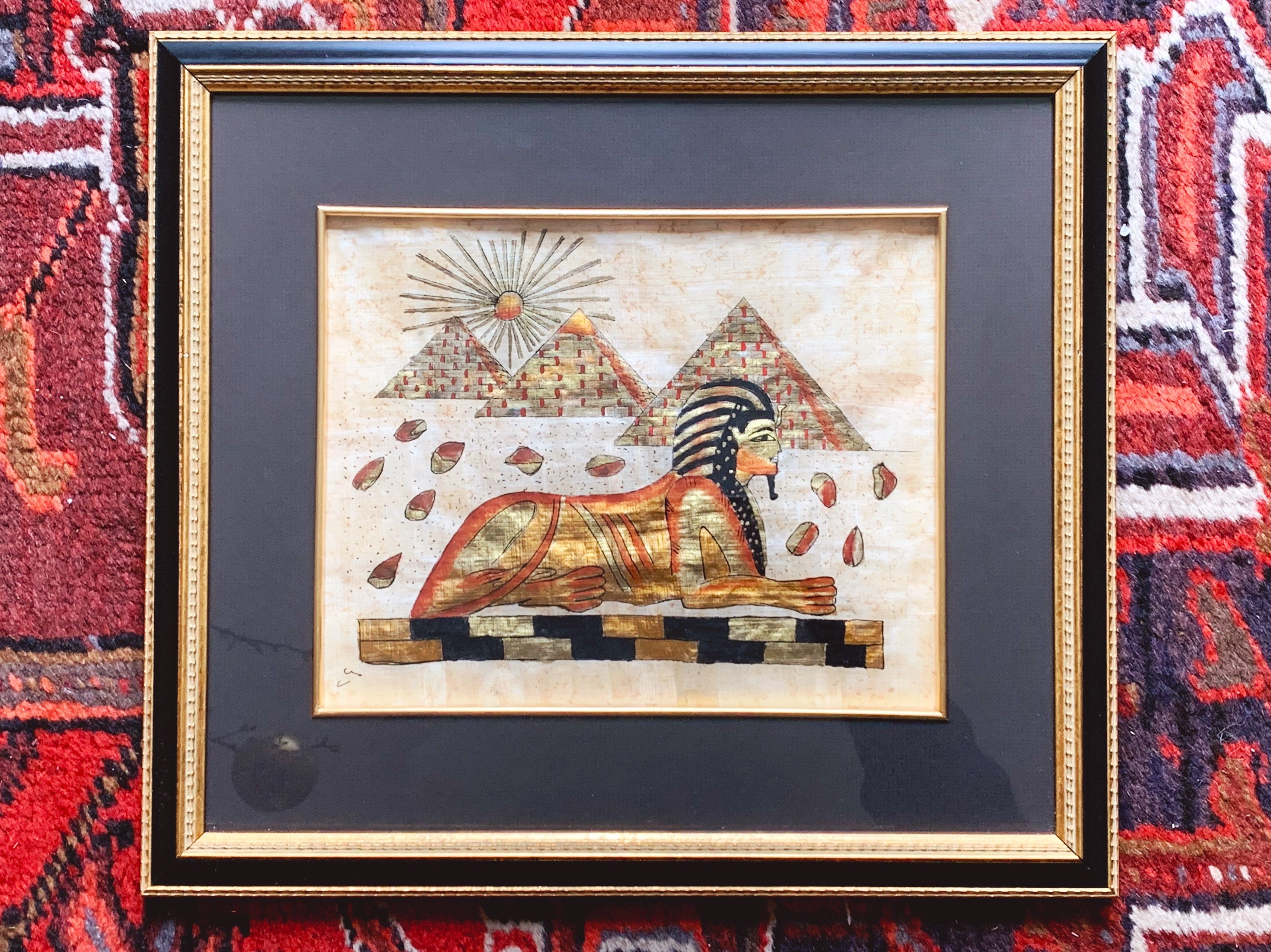 Vintage Hand Painted Egyptian Papyrus Painting in Black and Gold Wooden Frame | Collectible Art of Great Sphinx of Giza Pyramids Hieroglyphs