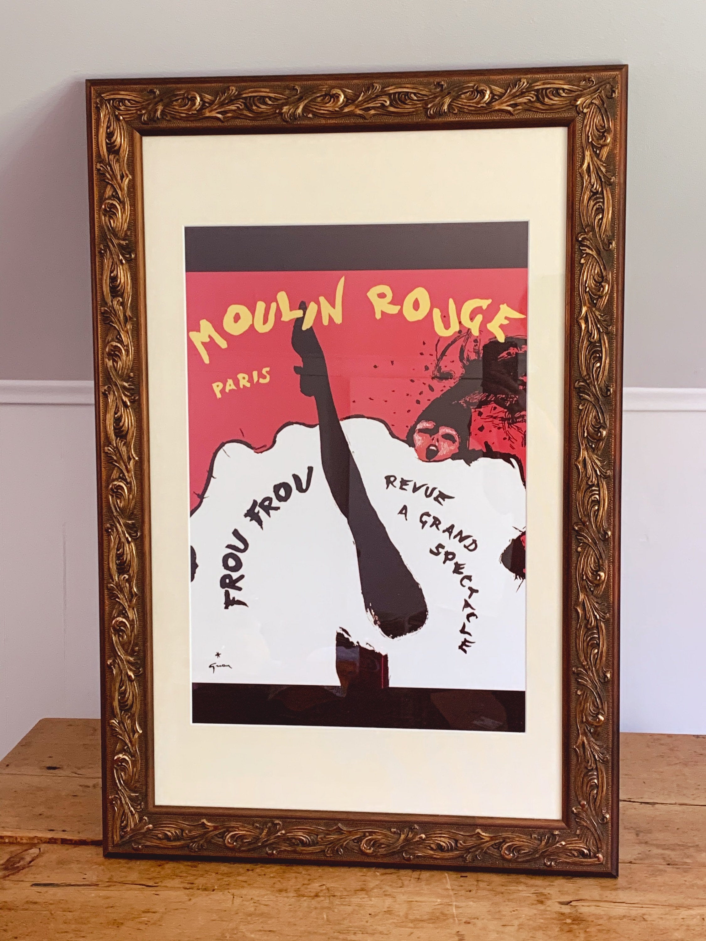 Bal Du Moulin Rouge, Paris (Frou Frou) Lithograph Poster by Rene Gruau on Linen Later Printing in Professional Frame