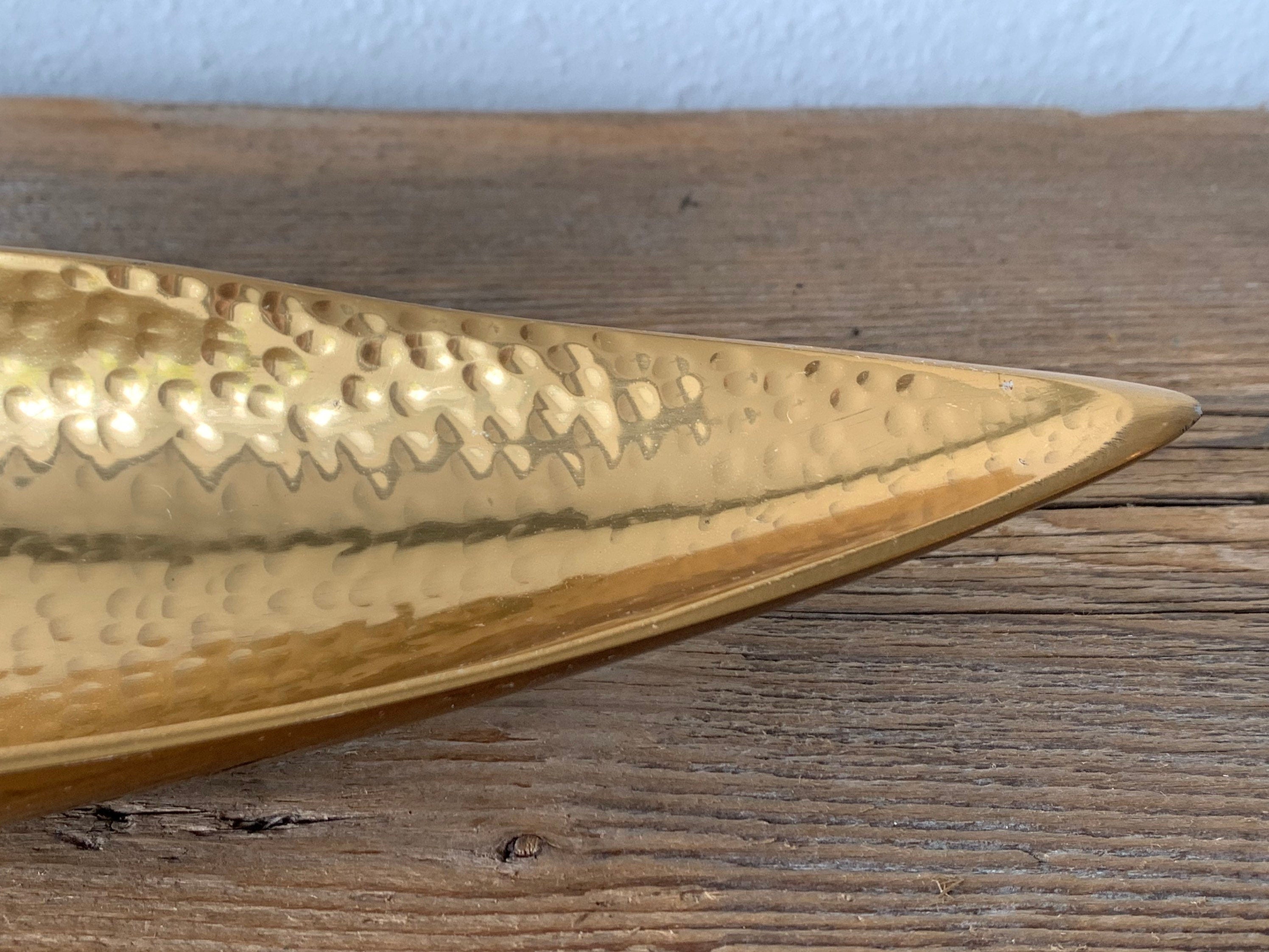 Vintage Gold Tone Slender Leaf Shaped Serving Tray | Hammered Metal Serveware, Jewelry Dish, Trinket Tray, Catchall Plate