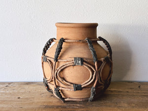 Vintage Hand Made Folk Art Pottery Vessel with Braided Leather and Wood Details | Rustic Chic Home Decor Terracotta Clay Flower Vase