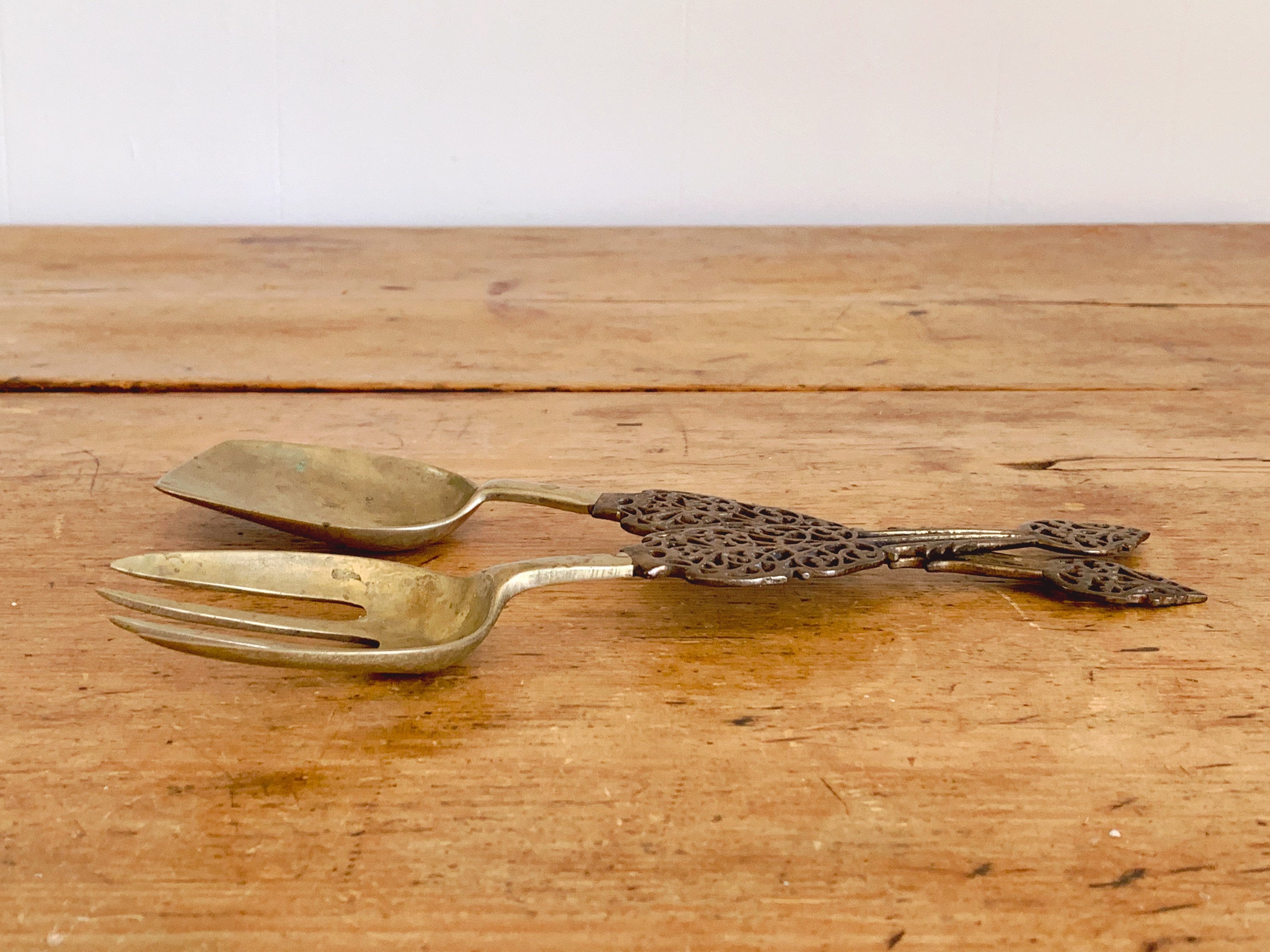 Vintage Brass Serving Set with Ornate Filigree Handles | Gold Tone Salad Spoon and Fork Set Dinnerware