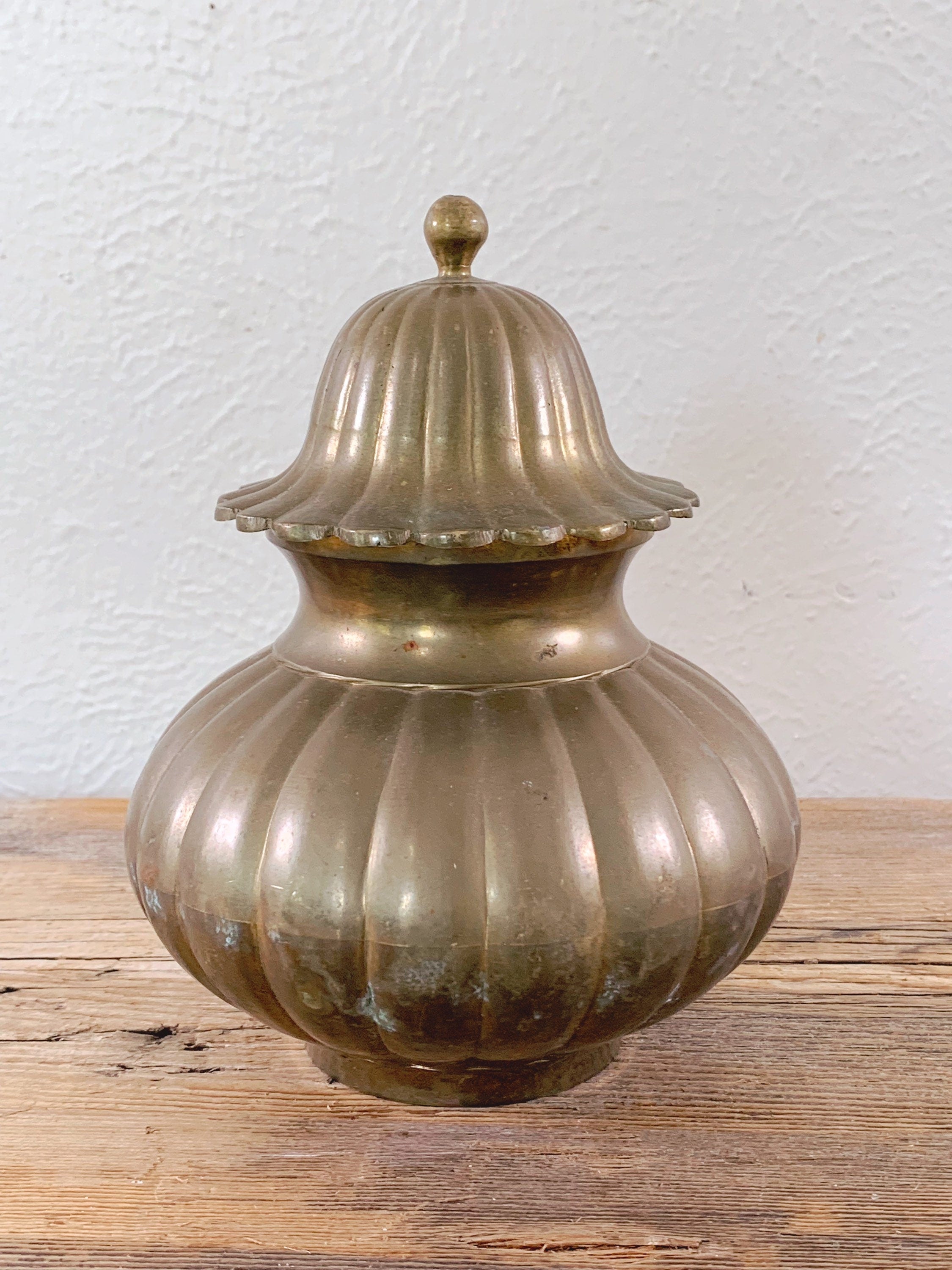 Vintage Aged Brass Urn Ginger Jar, Flower Shape with Lid