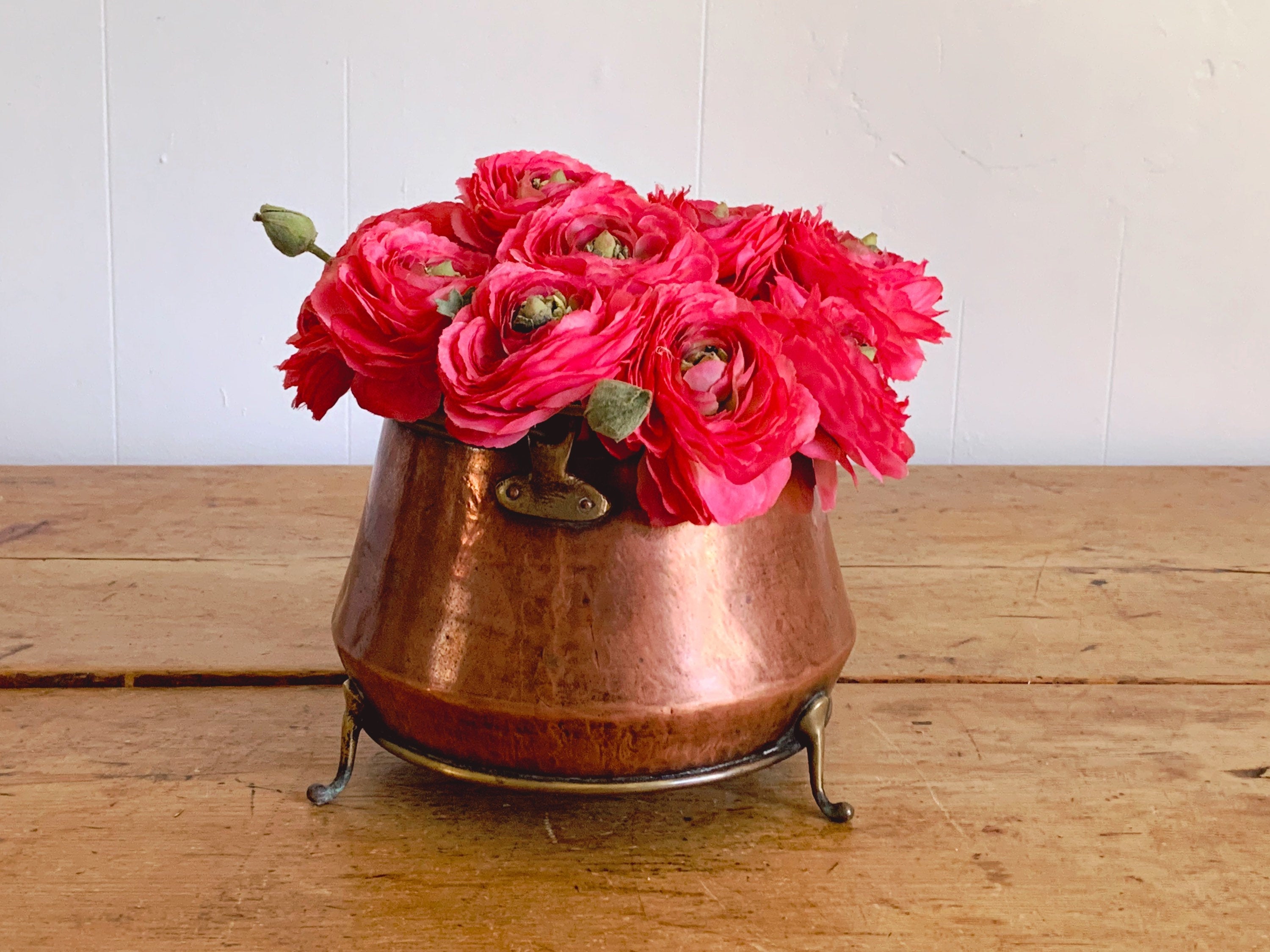 Antique Copper Coal Bucket with Brass Handle and Three Feet | Log Bin Wood Storage Fireplace Decor | Rustic Farmhouse Flower Vase