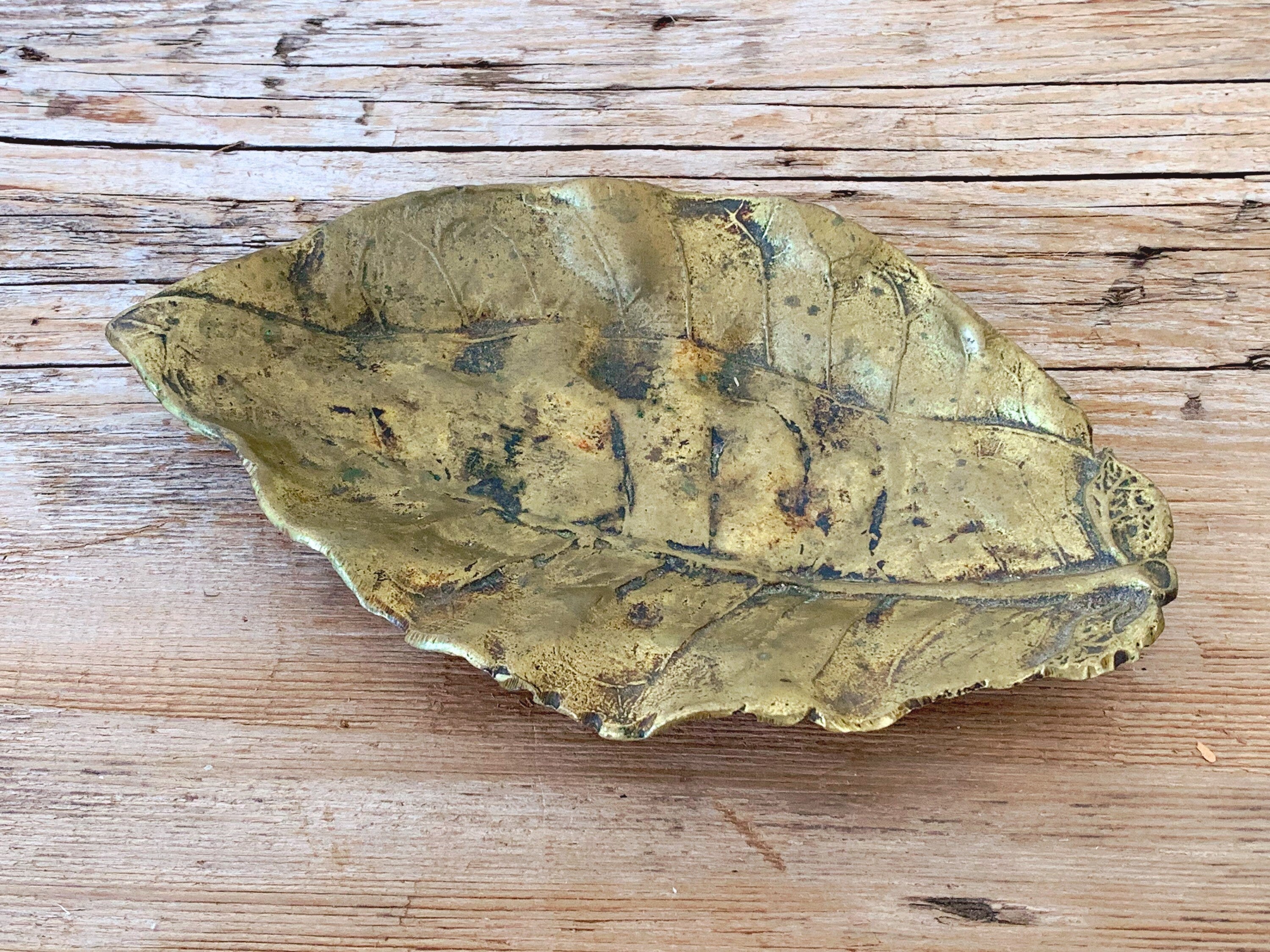 Vintage 1960s Mid-Century Modern Brass Tobacco Leaf Dish by Cambron | Solid Brass Ring Dish, Jewelry Tray, Ashtray | Gift for Him