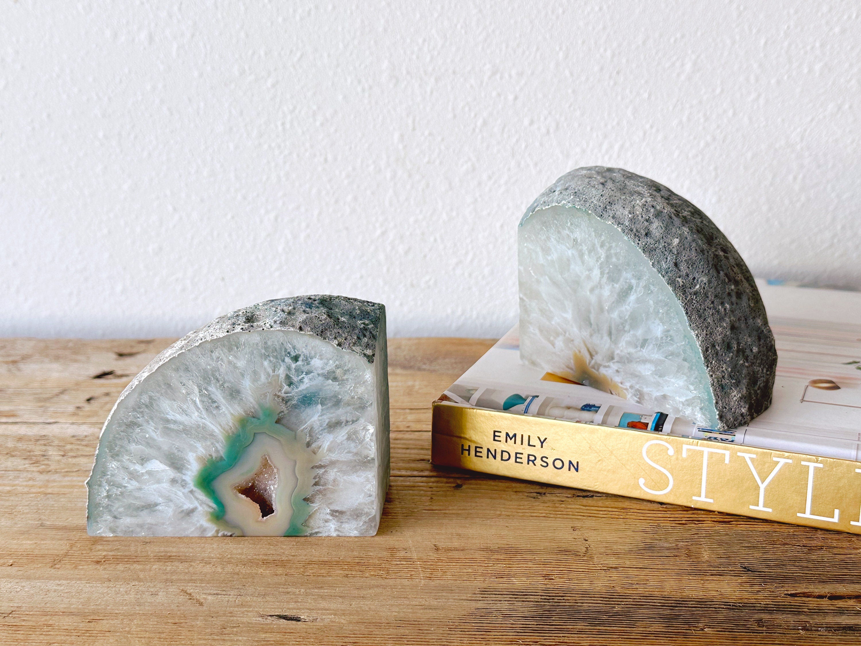 Pair of Natural Brazilian Agate Geode Stone Bookends | Blue Banded Agate Gemstone Bookends | Office Bookshelf Decor | Housewarming Gift