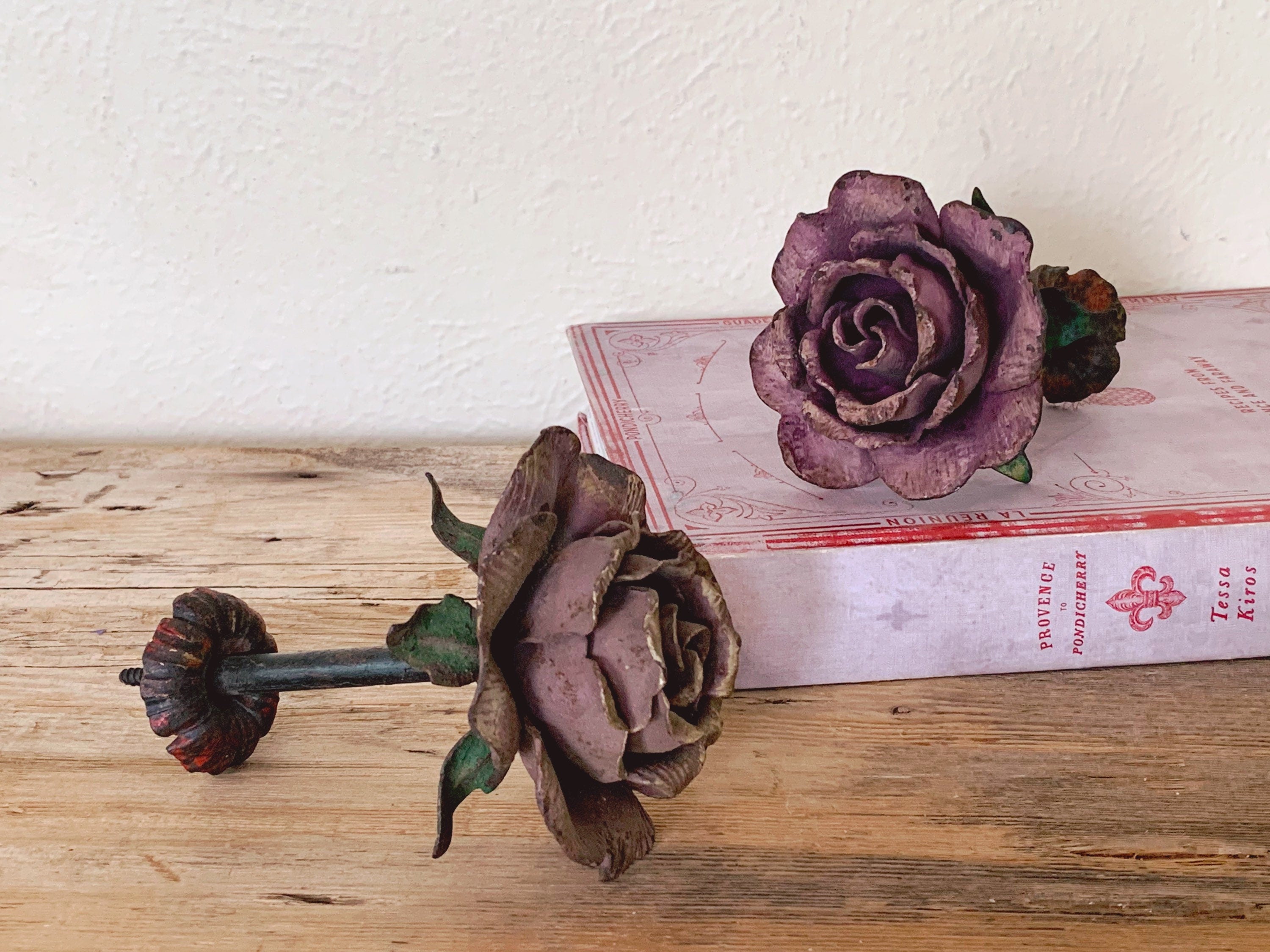 Pair of Vintage Aged Metal Red Rose Door Knobs | Hand Made Floral Drawer Pulls | Distressed Cabinet Handles | Furniture Hardware