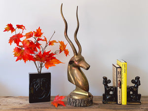 21" Tall Vintage Mid Century Modern Brass Antelope Gazelle Head Bust Statue with Long Antlers | Hollywood Regency Decor Sculpture Figure