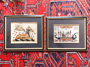 Vintage Hand Painted Egyptian Papyrus Painting in Black and Gold Wooden Frame | Collectible Art of Great Sphinx of Giza Pyramids Hieroglyphs
