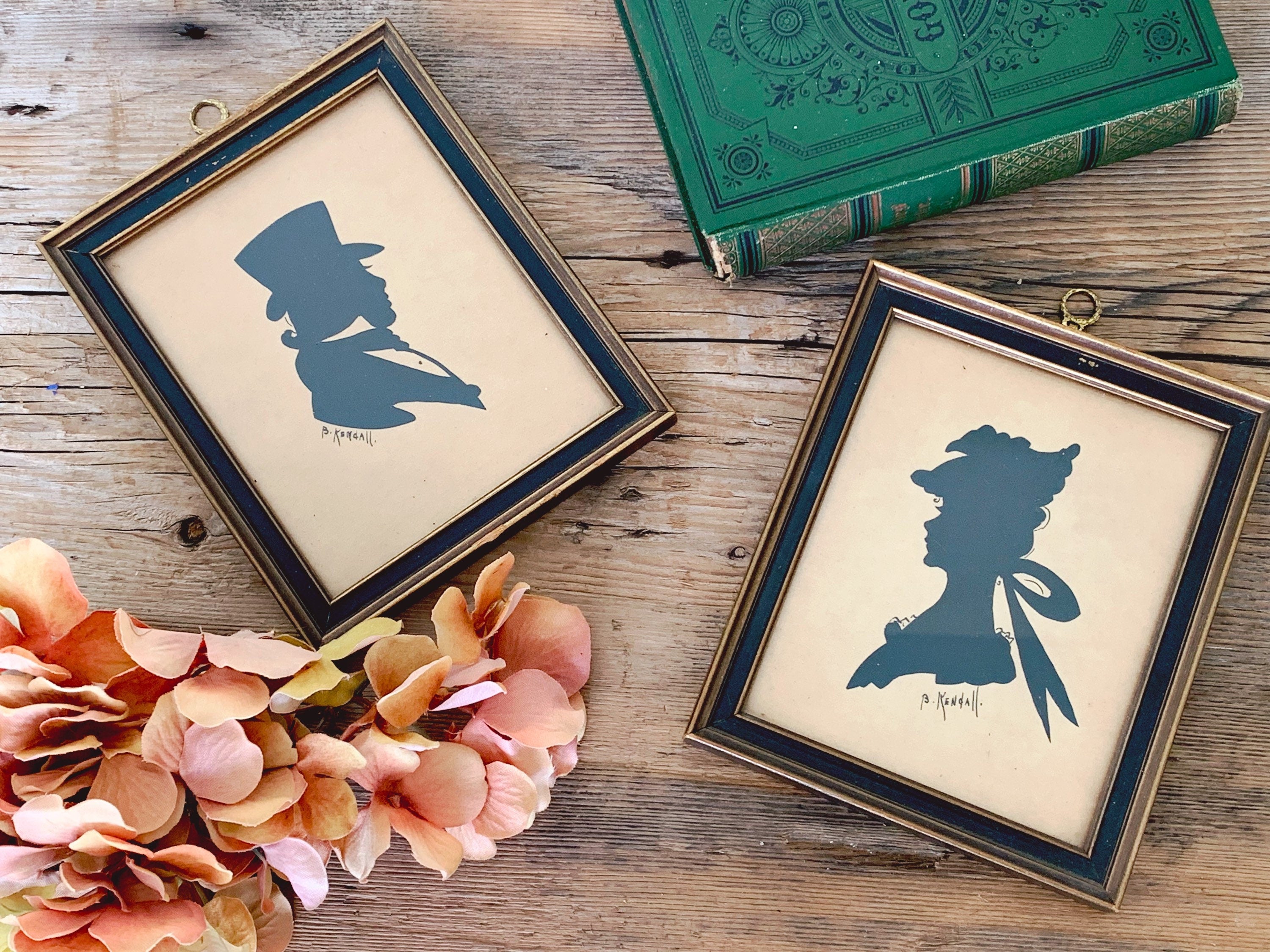 Pair of Antique 1800s Hand Cut Silhouettes of A Lady and Gentleman in Old Wooden Frames | By Beatrice Kendall | Vintage Wall Decor