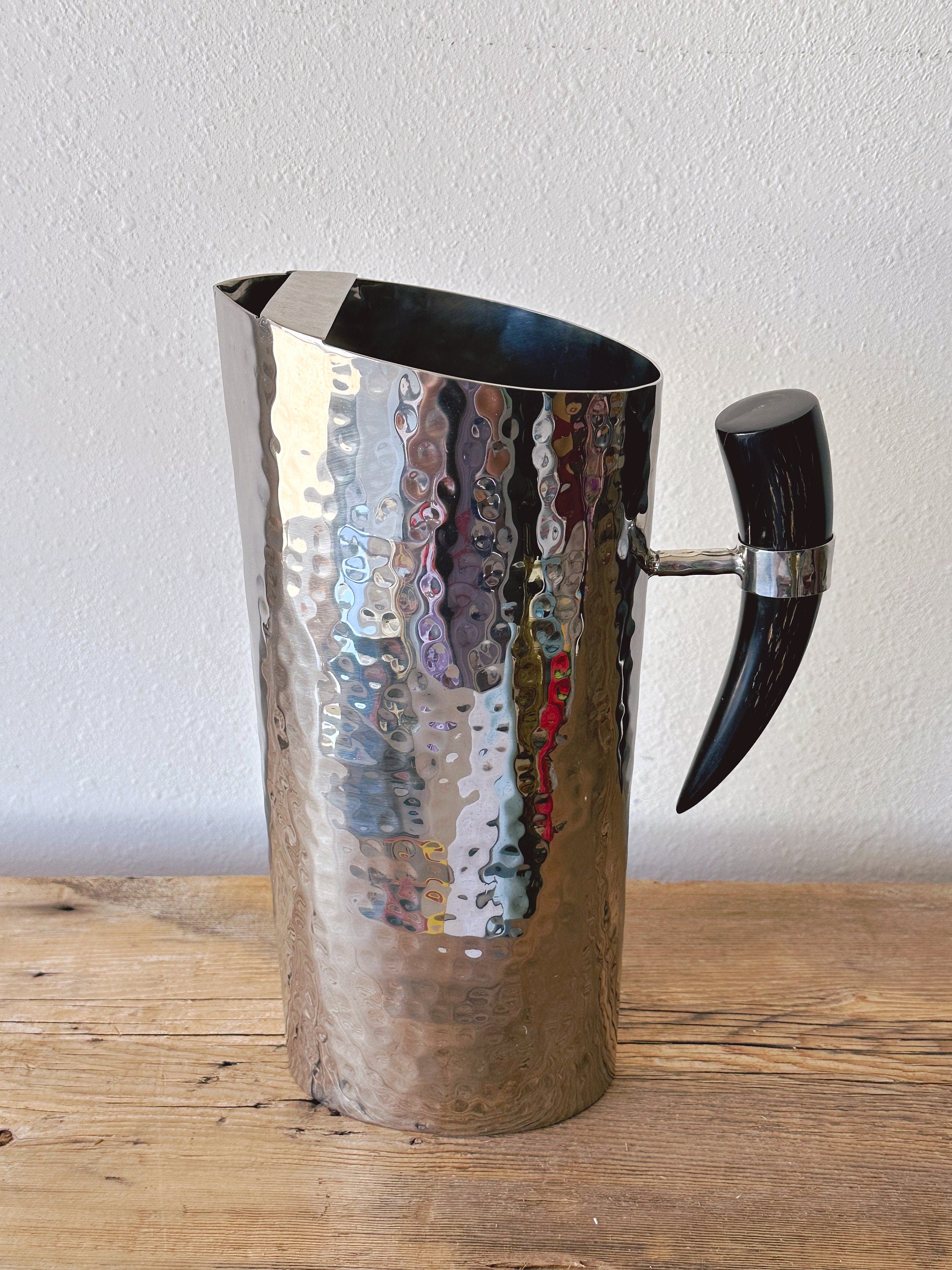 Mary Jurek Hammered Tall Water Pitcher with Buffalo Horn Handle | Stainless Steel Pitcher Flower Vase | Barware Tableware Housewarming Gift