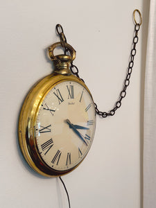 Large Vintage Brass Pocket Watch Style Electric Hanging Wall Clock from United | c. 1960s Model 40 Tested Working | Wall Decor Home Decor