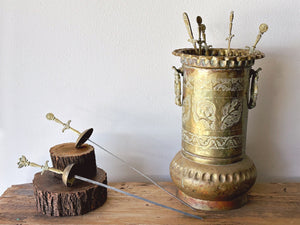 Set of 7 Vintage Extra Long Brass Turkish Shish Kebab Sword Skewers in Brass Vase Holder | Metal Kabab Skewers | Grilling Accessories