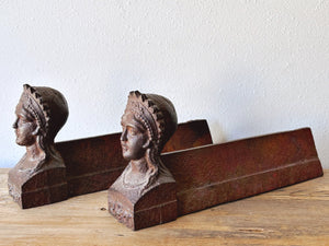 Pair of Antique French Cast Iron Lady Figure Andiron Circa 1900 | Vintage Fire Dogs Woman Bust | Country Home Fireplace Decor