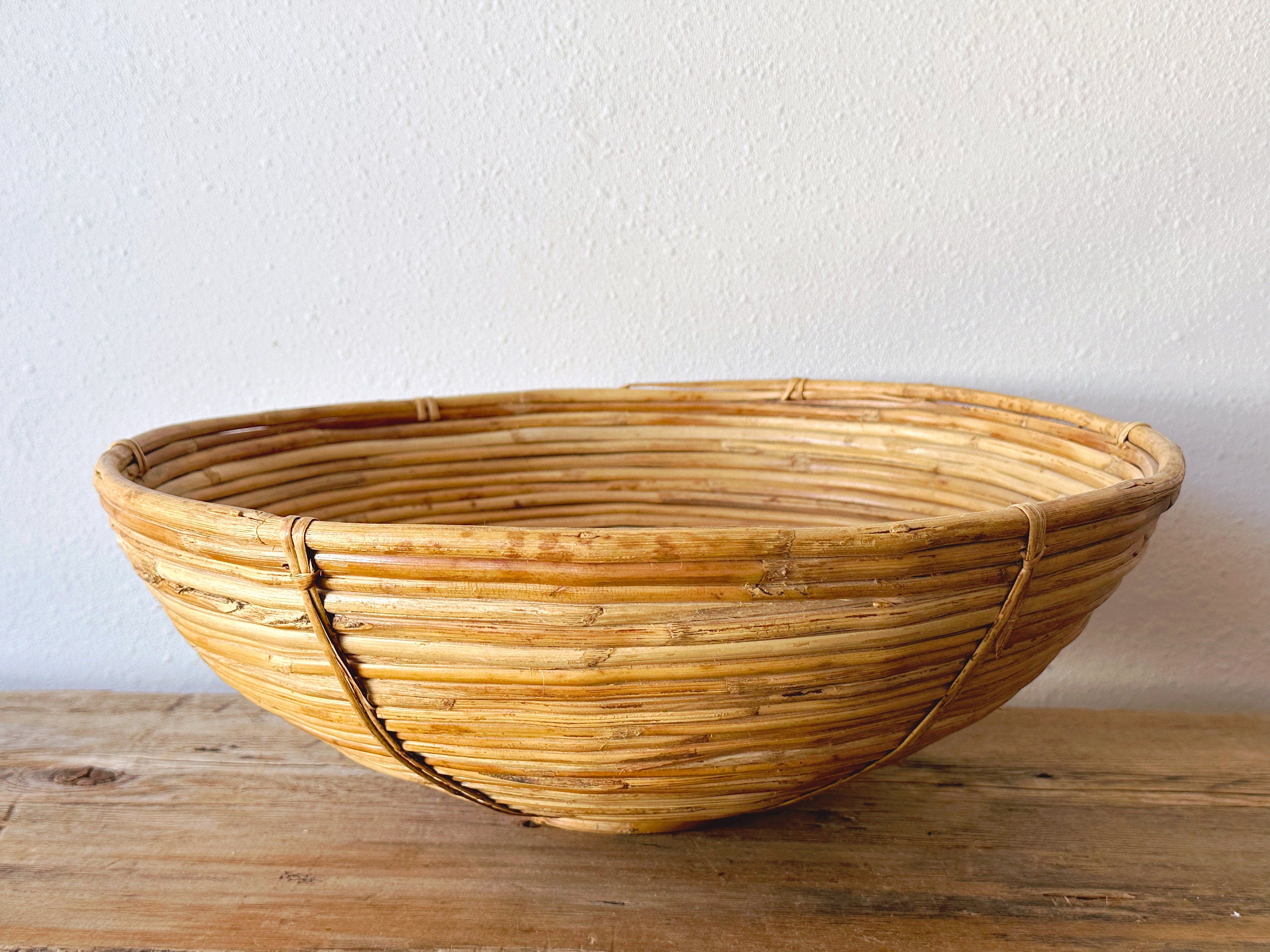 Large Vintage 1970's Rattan Bamboo Coiled Round Basket | Farmhouse Decor Wicker Woven Fruit Bowl | Boho Chic Centerpiece Bowl Housewarming