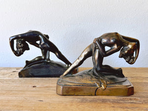 Pair of Vintage 1930s Art Deco Bronze Nude Lady Sculpture Bookends | Art Nouveau Dancing Woman Bookshelf Mantle Decor | Gift for Her