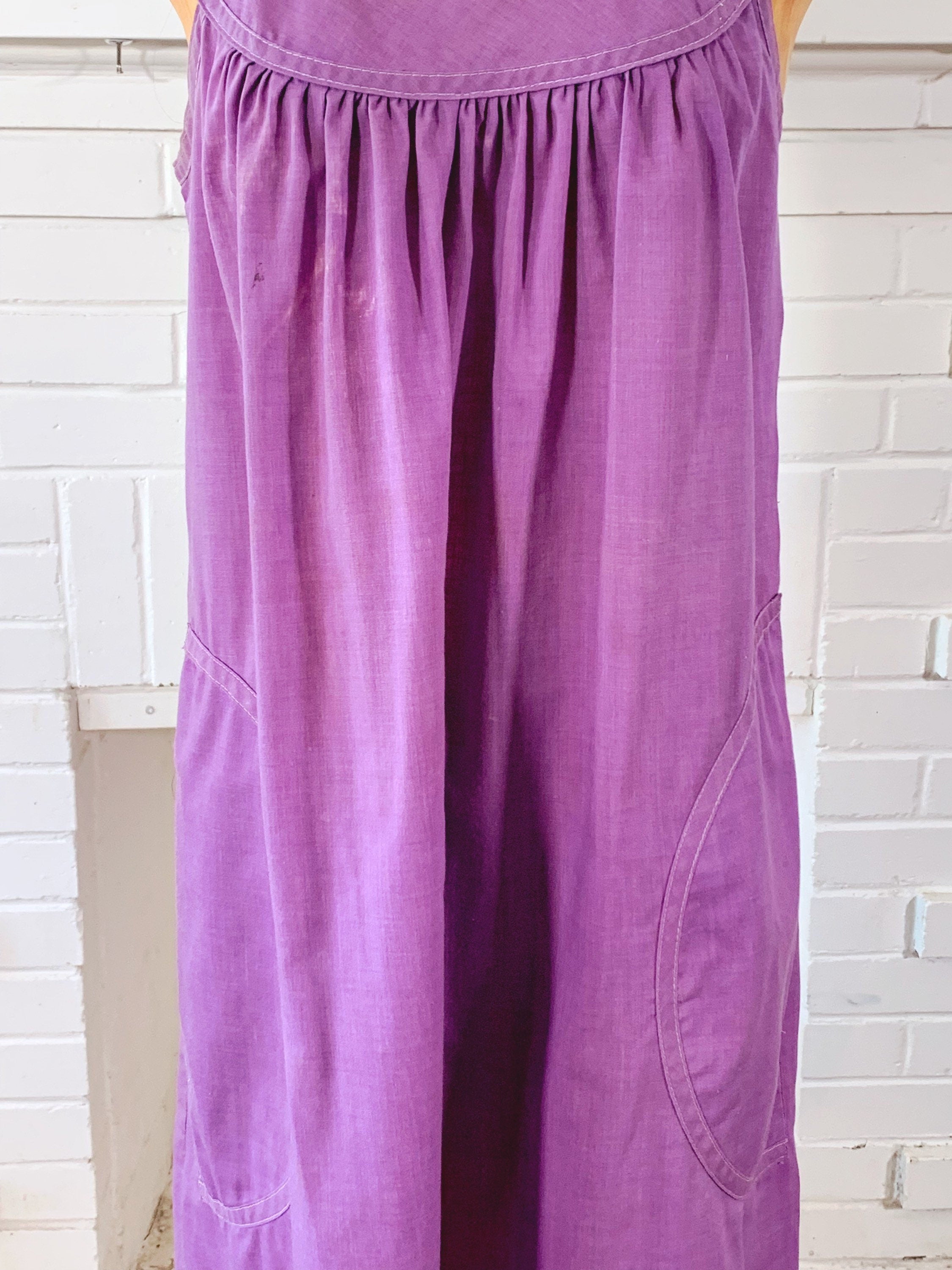 Vintage 1970s Purple Apron Dress by Rosemary Long for New Perspective with Pockets | Size S-M | Spring Outing Casual Dress Boho Chic