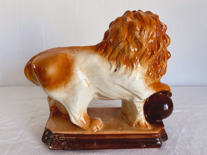 Pair of Late 19th Century Antique Ceramic Glazed Staffordshire Lion Figurines | Victorian Lion with Ball Statue