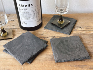 Set of 4 Handcrafted Square Slate Coasters | Decorative Square Tile Drink Coasters | Barware Housewarming Gift
