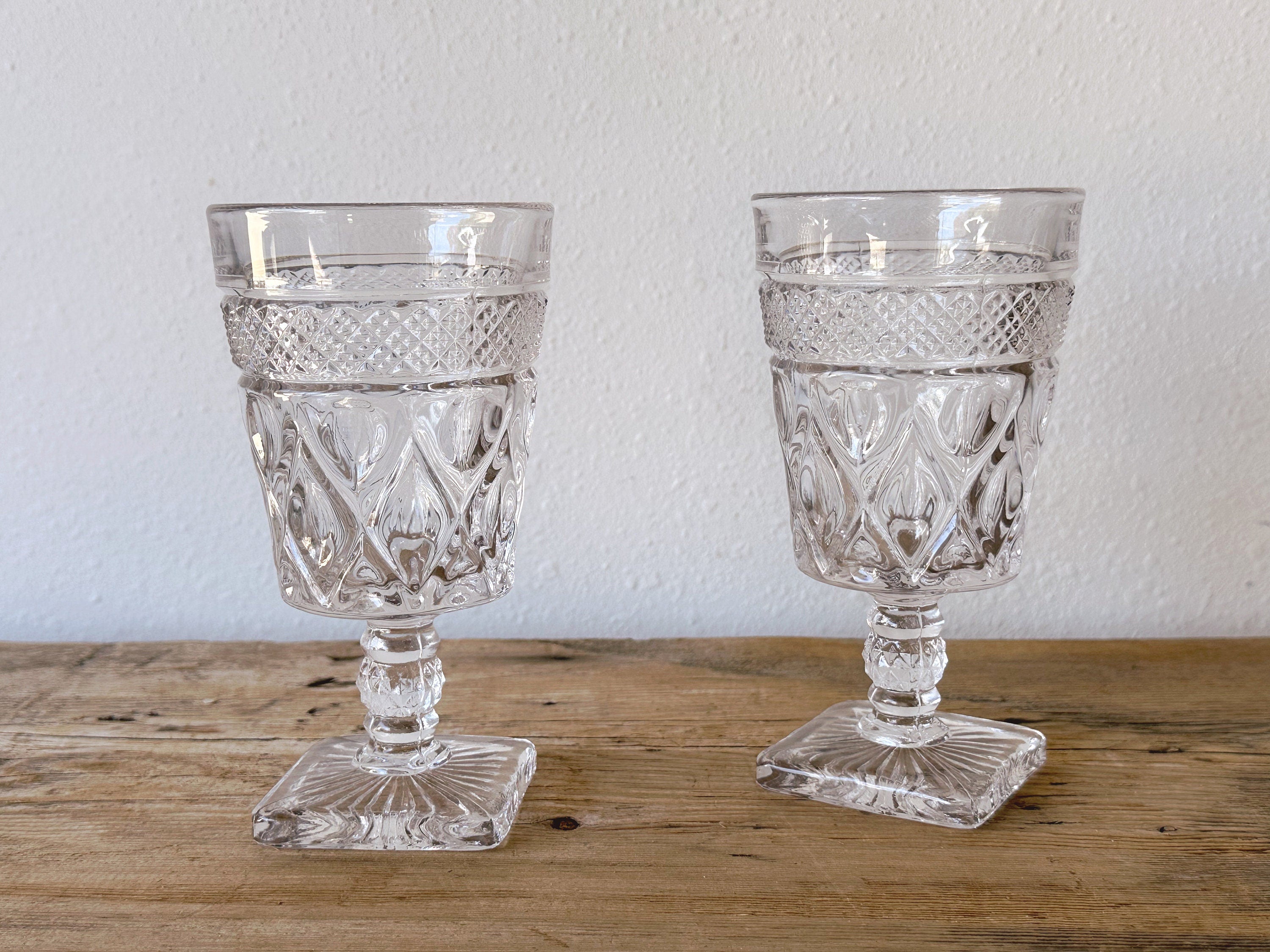 Pair of Tall Vintage Pressed Clear Glass Wine Goblets | Mid Century Juice and Water Glasses | Glassware Barware Housewarming Gift
