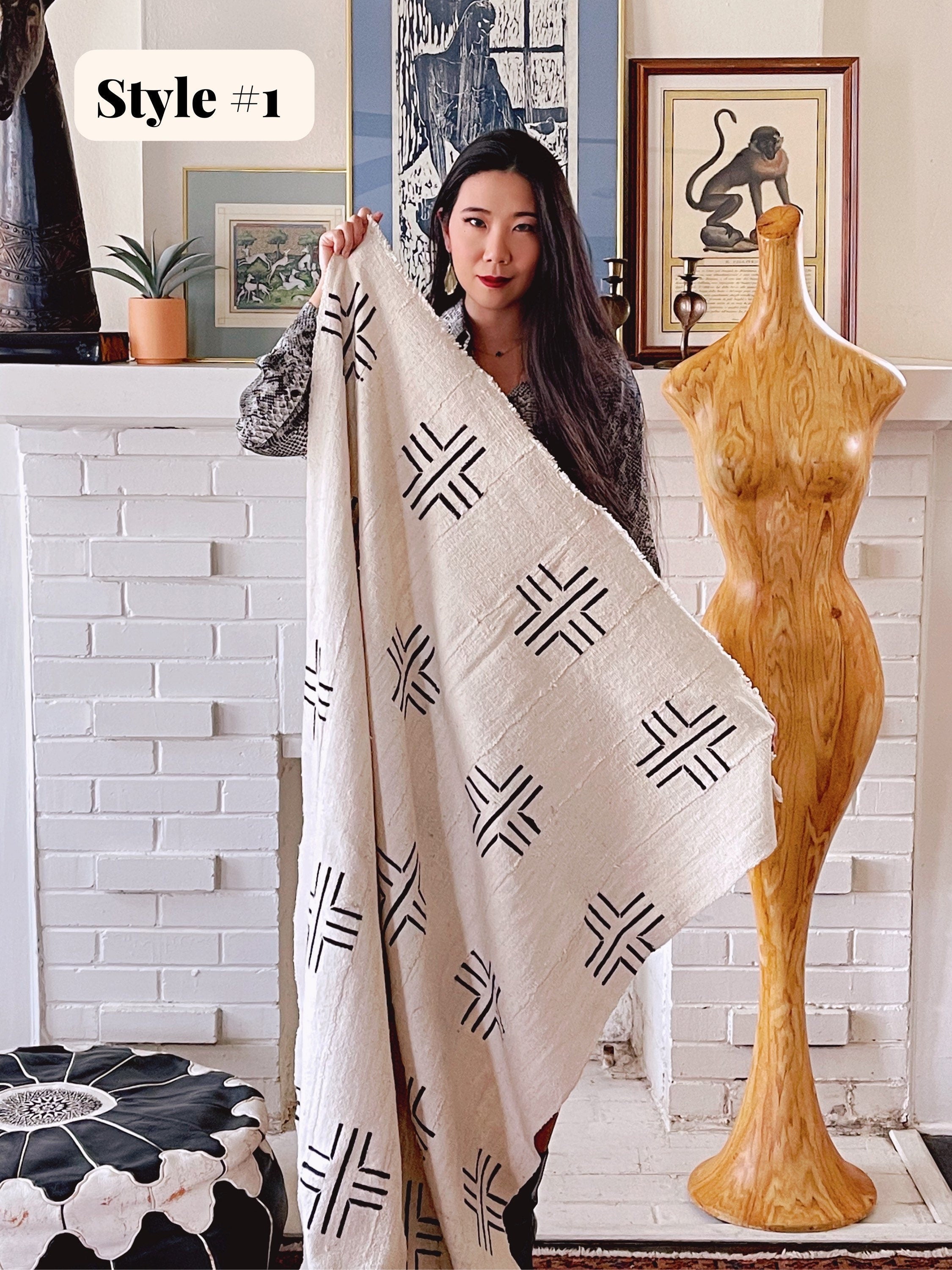 African Mud Cloth from Mali in White or Black | Hand Woven Black and White Throw Blanket | Light Woven Rug | Boho Chic Wall Tapestry Textile