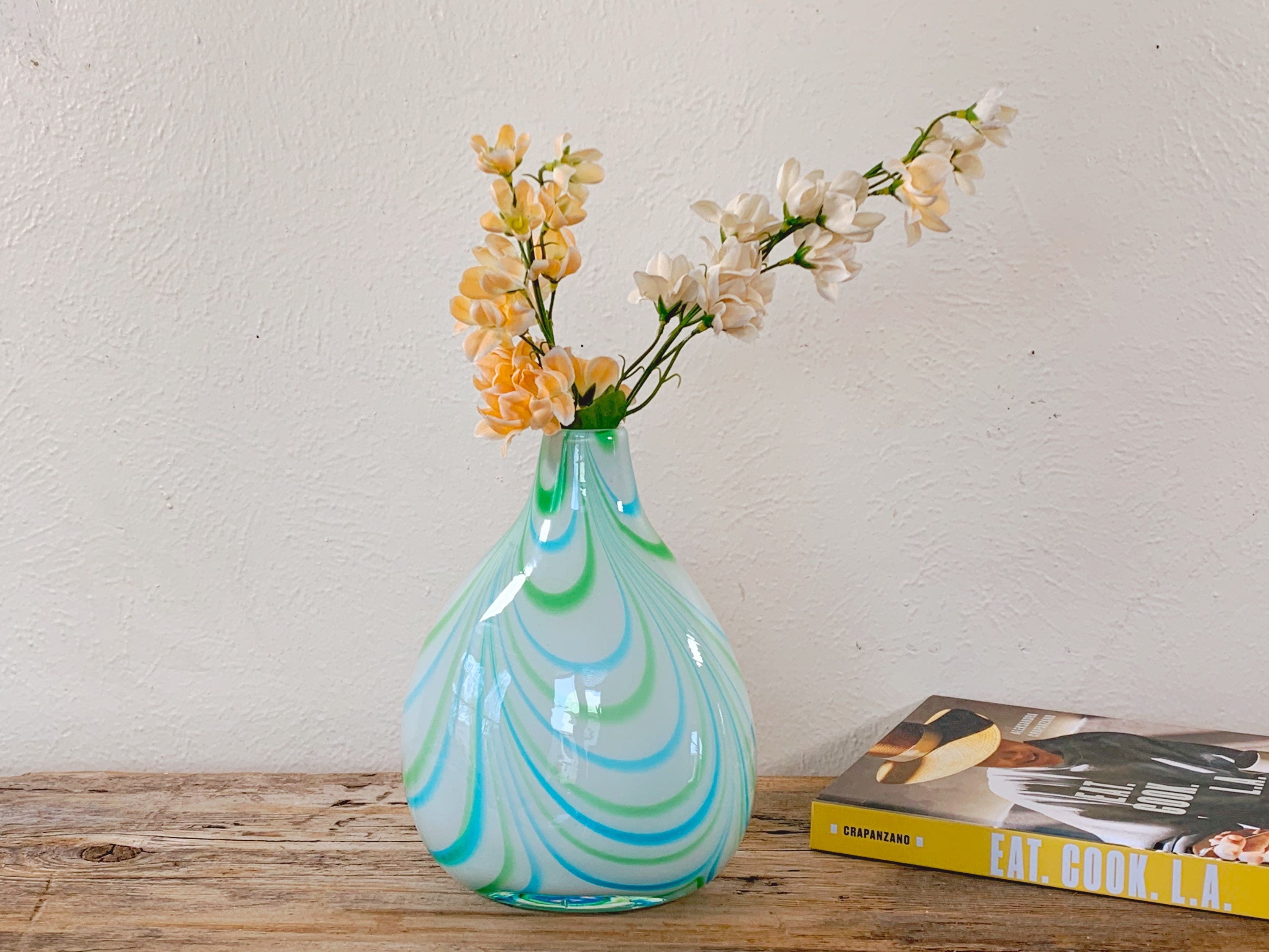 Vintage Hand Blown Studio Art Glass Vase with Blue and Green Candy Stripes | Flower Vase Contemporary Home Decor | Mother's Day Gift