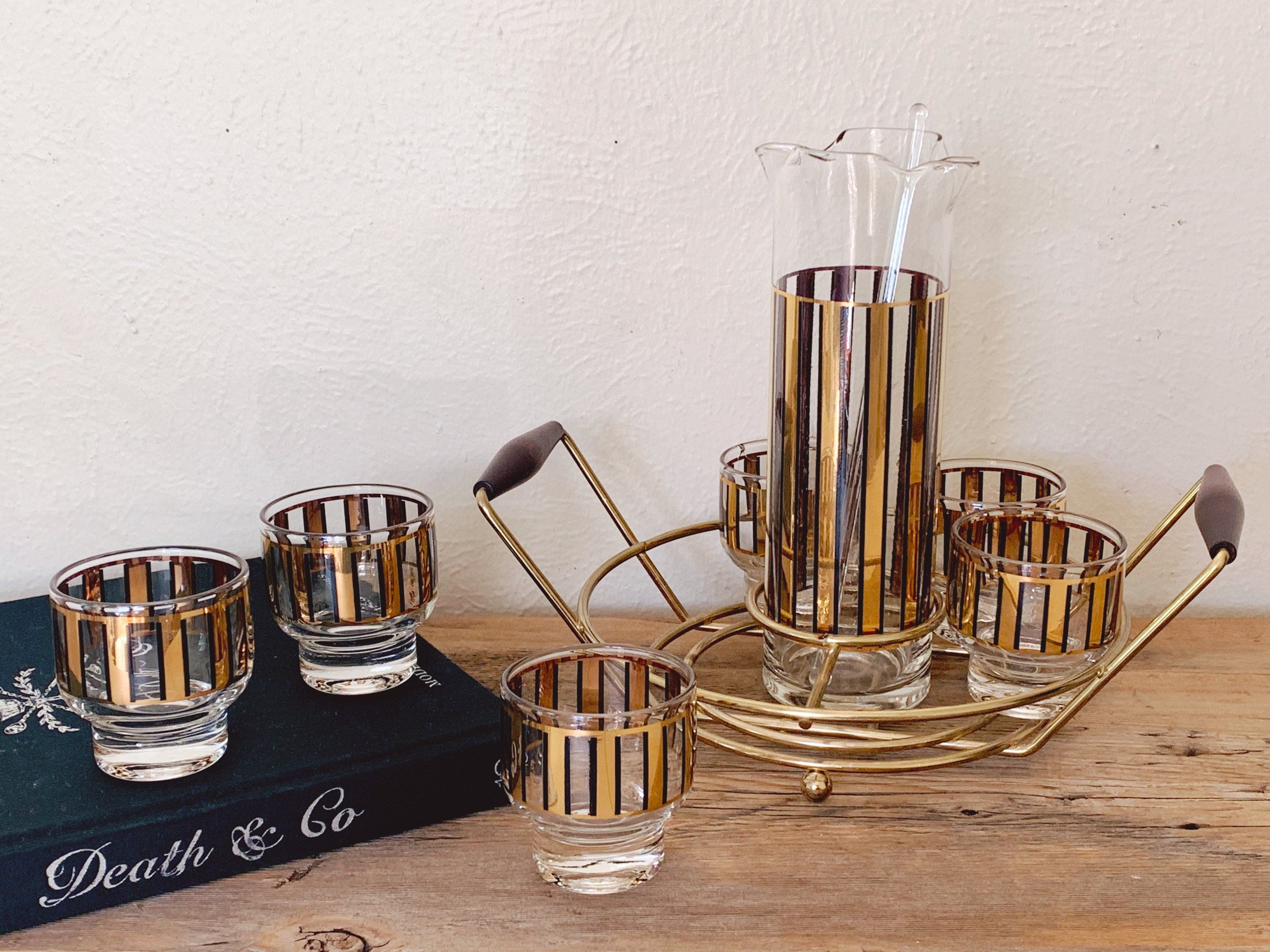 Mid Century Modern Culver Black and 24K Gold Stripe Cocktail Caddy Set with Pitcher and Six Glasses | Vintage Bar Glass Set | Gift for Him