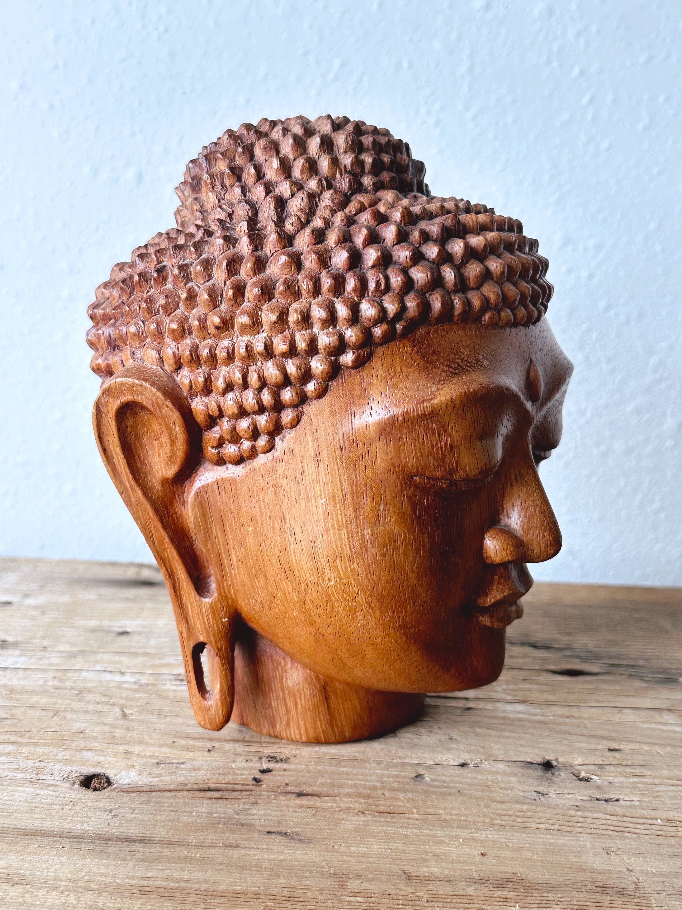 Vintage Wood Buddha Head Statue | Hand Made Wood Meditation Buddha Figure | Asian Buddhist Home Decor | Bookshelf Decor