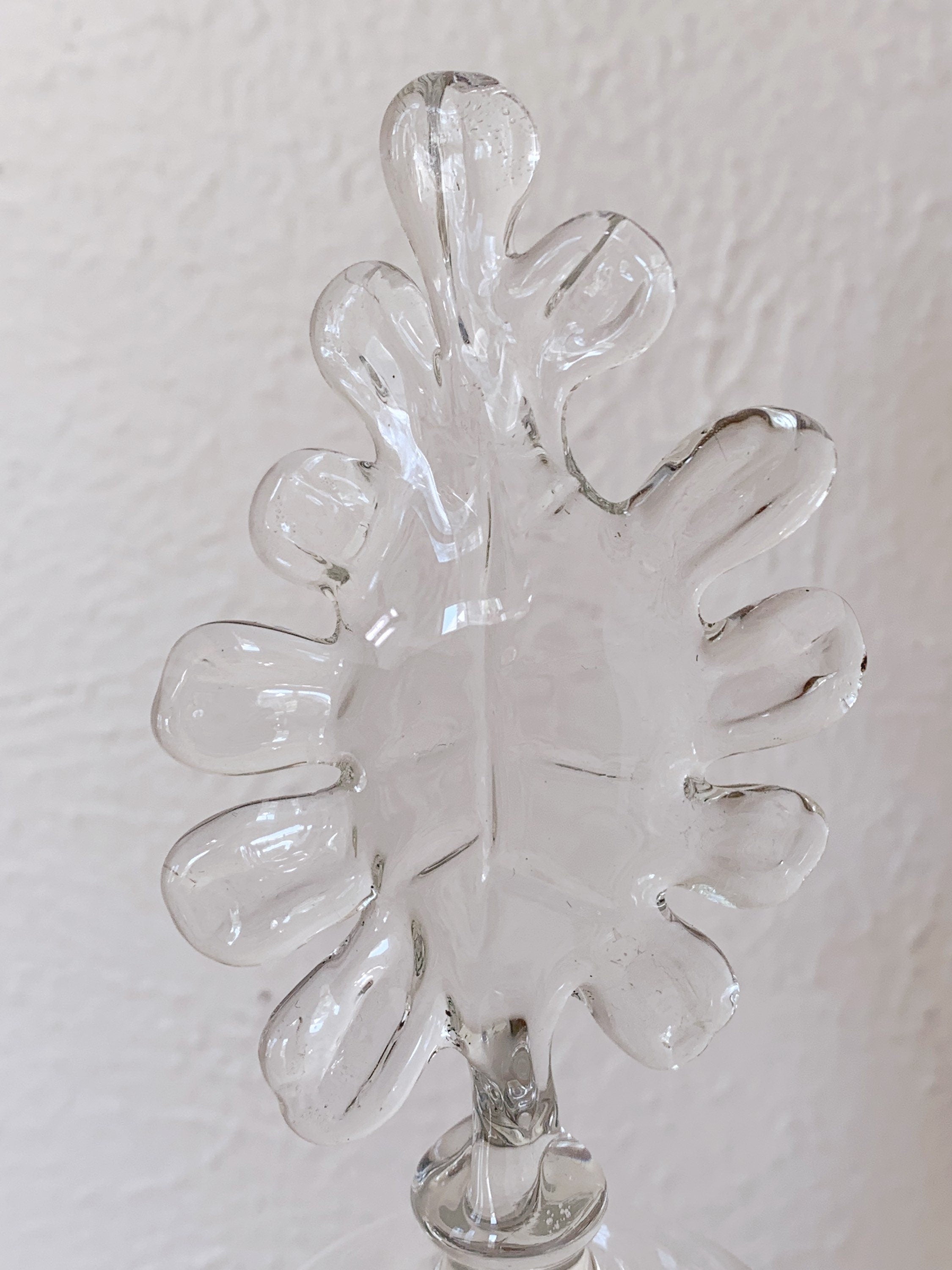 Large Vintage Artisan Hand Blown Clear Glass Decanter with Art Glass Leaf Stopper | Signed by Artist | 16" Tall Whiskey or Wine Decanter