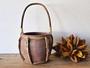 Vintage Hand Made Folk Art Pottery Basket with Handle | Rustic Southwestern Style Home Decor Clay Vase with Weaved Straw | Table Centerpiece