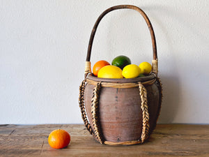 Vintage Hand Made Folk Art Pottery Basket with Handle | Rustic Southwestern Style Home Decor Clay Vase with Weaved Straw | Table Centerpiece